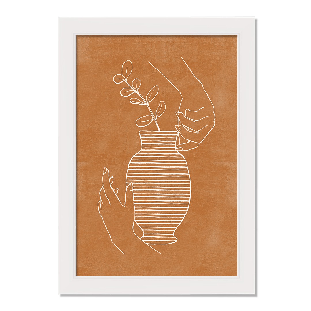 White Drawn Vase on Orange 12 x 16 White Framed Print Under Plexiglass