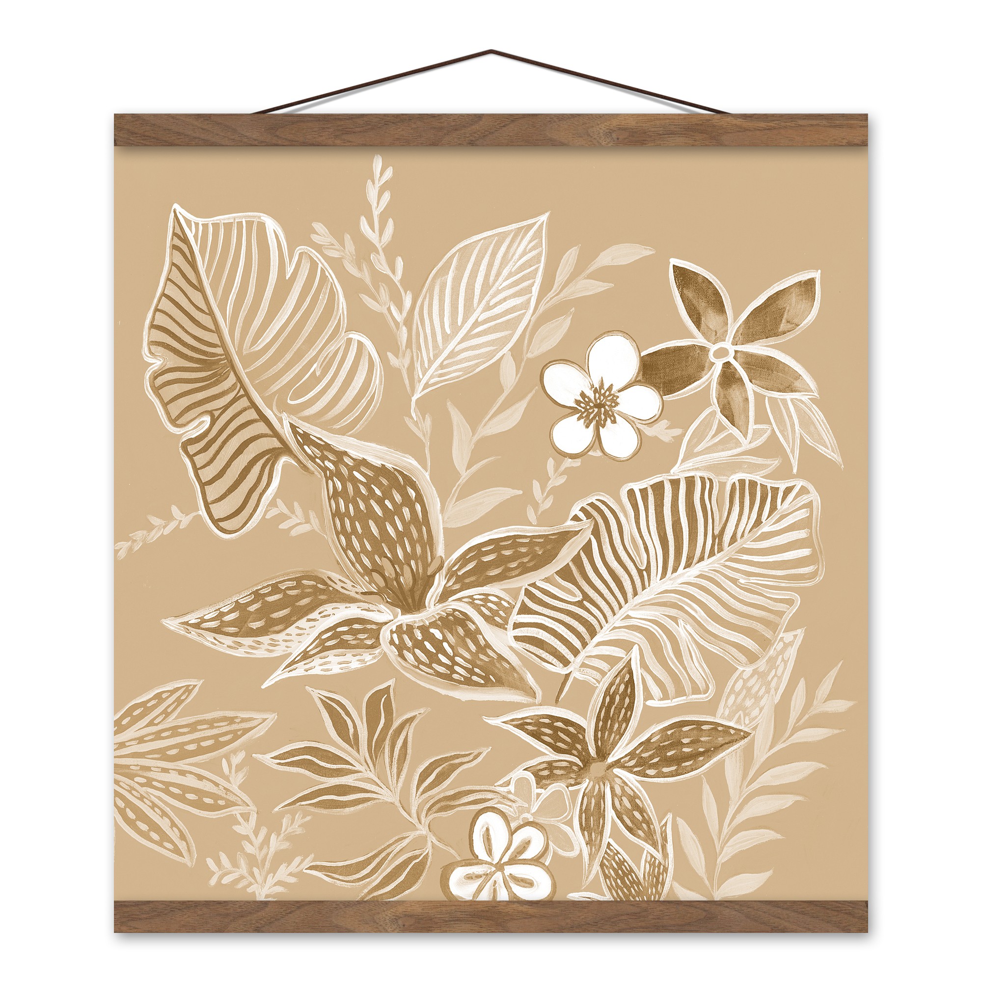 Neutral Tropical Flowers 16 x 16 Teak Hanging Canvas