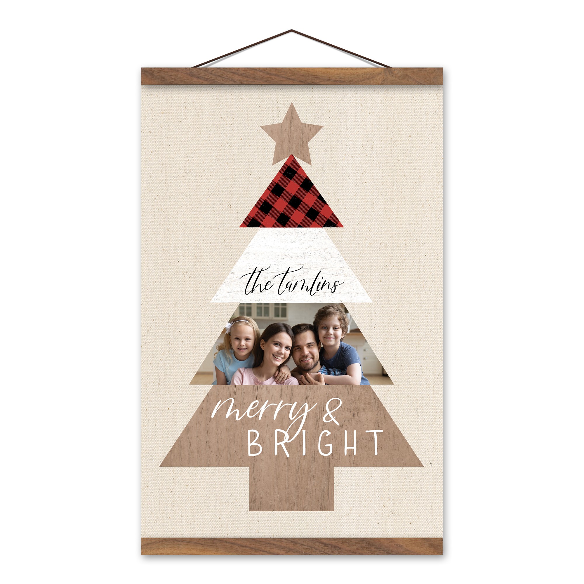 Layered Christmas Tree Personalized 12 x 18 Teak Hanging Canvas
