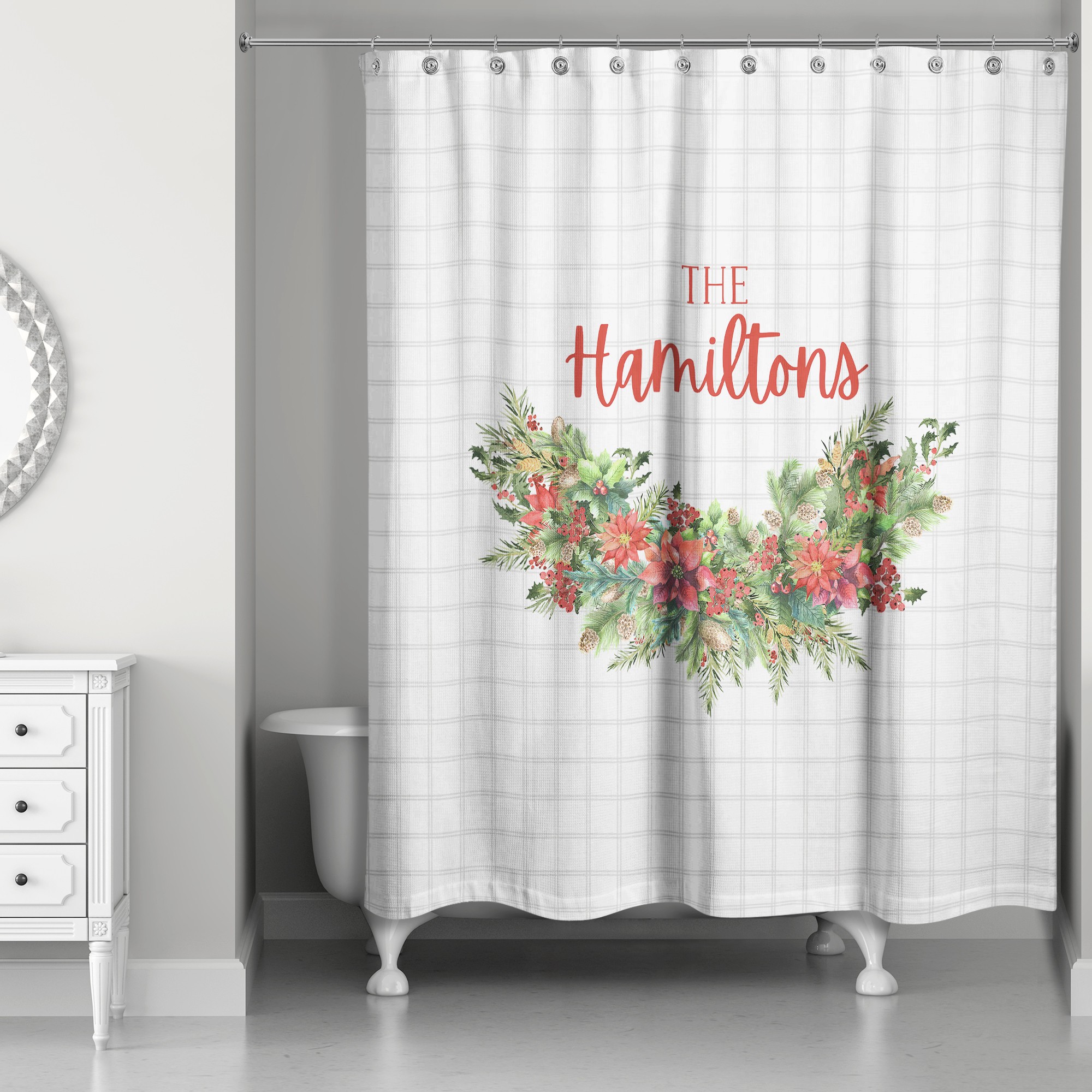 Holly Wreath Check Personalized 71 x 74 Shower Curtain