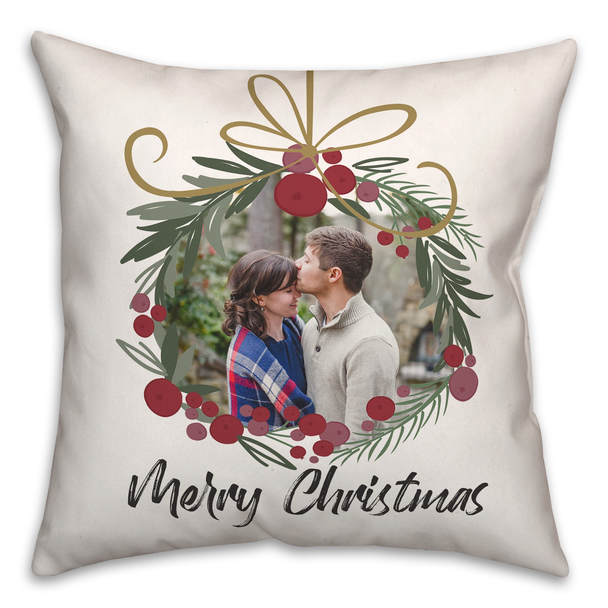 Merry Christmas Photo Wreath Personalized 18 x 18 Indoor / Outdoor Pillow