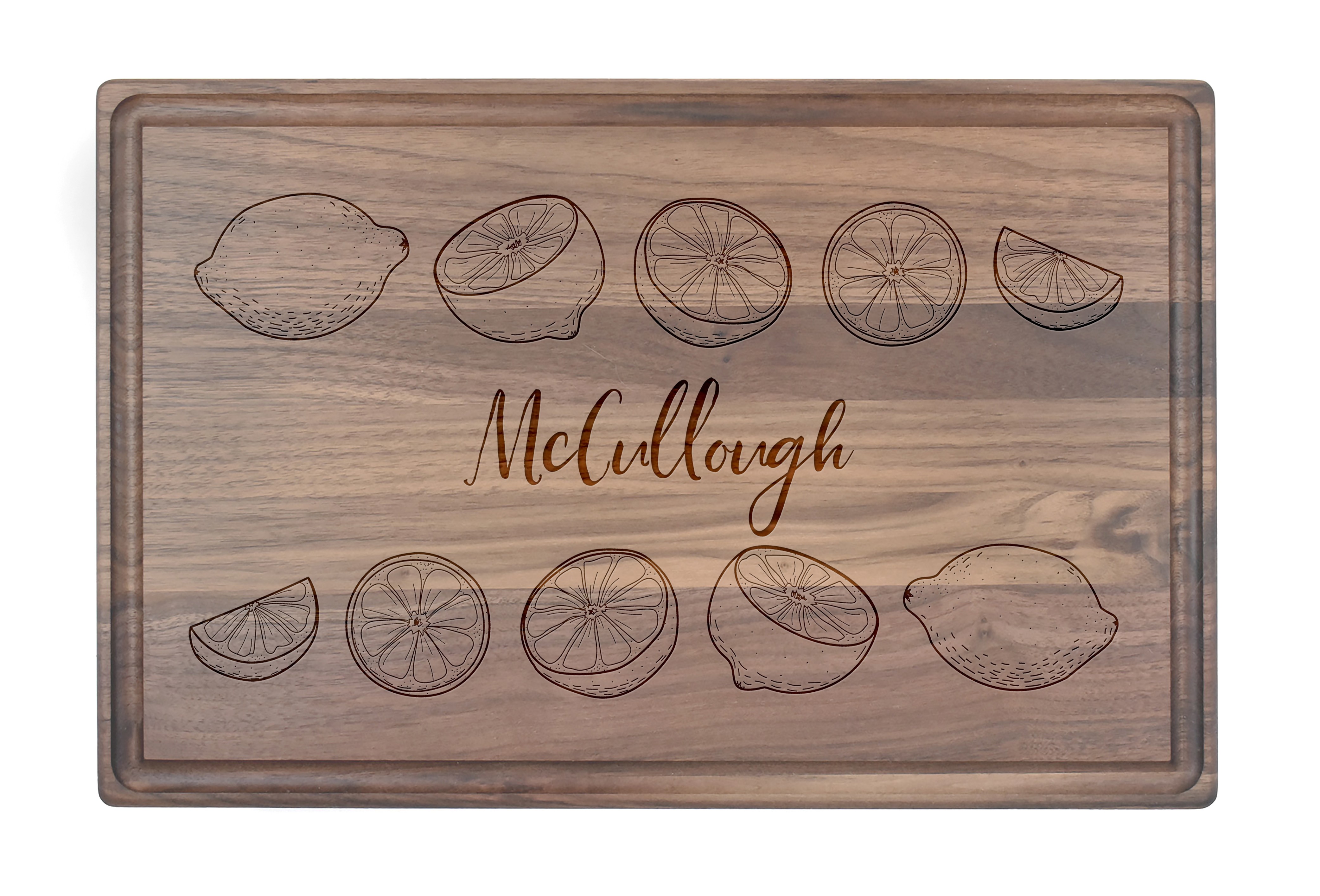 Lemon Slice Border Personalized 17 x 11 Walnut Cutting Board