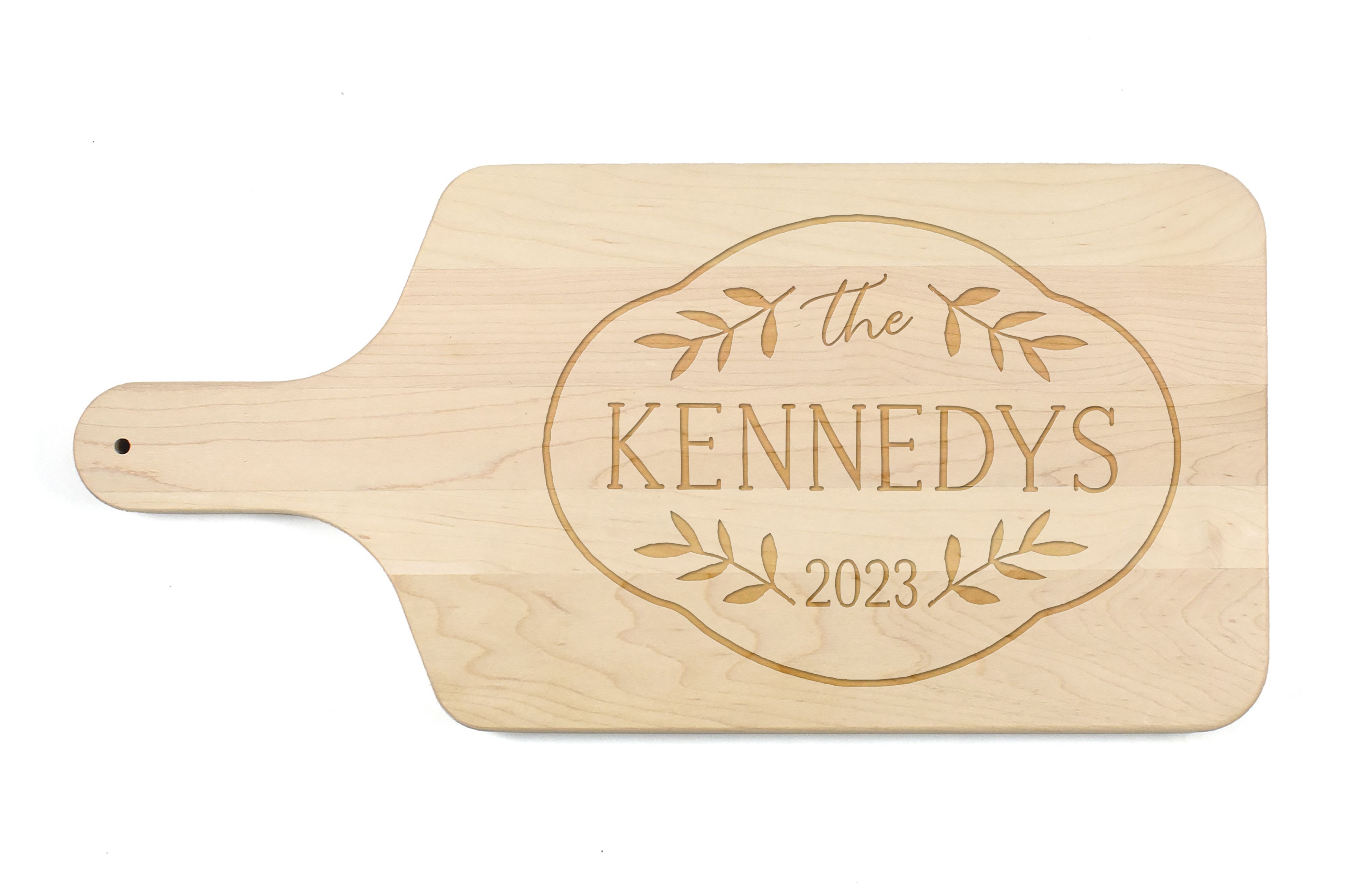 Family Name Leaf Border Personalized 17 x 8 Maple Paddle Cutting Board