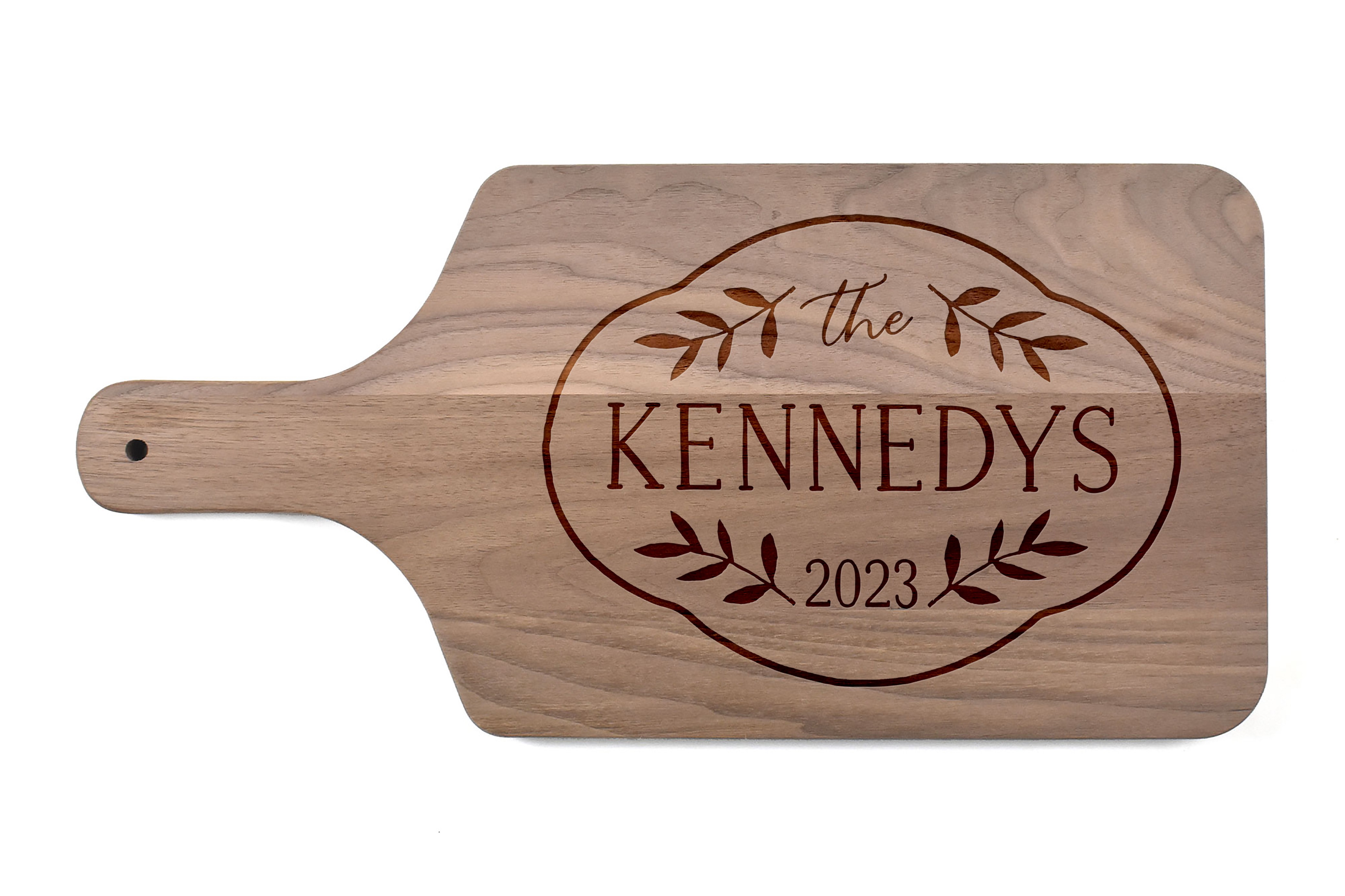 Family Name Leaf Border Personalized 17 x 8 Walnut Paddle Cutting Board