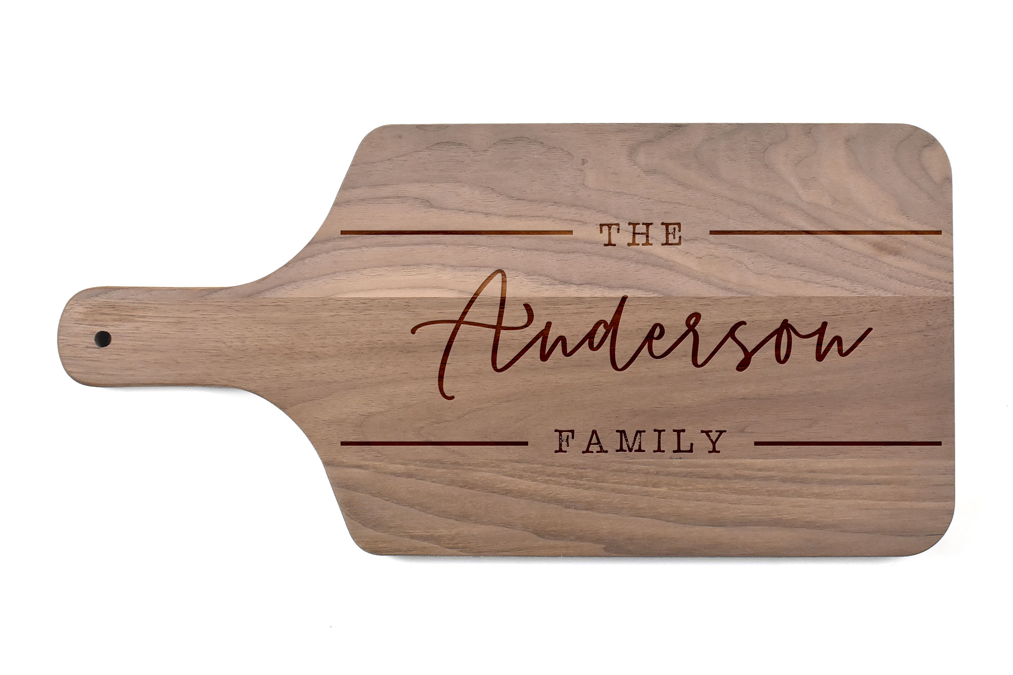 Family Name Simple Stripe Personalized 17 x 8 Walnut Paddle Cutting Board