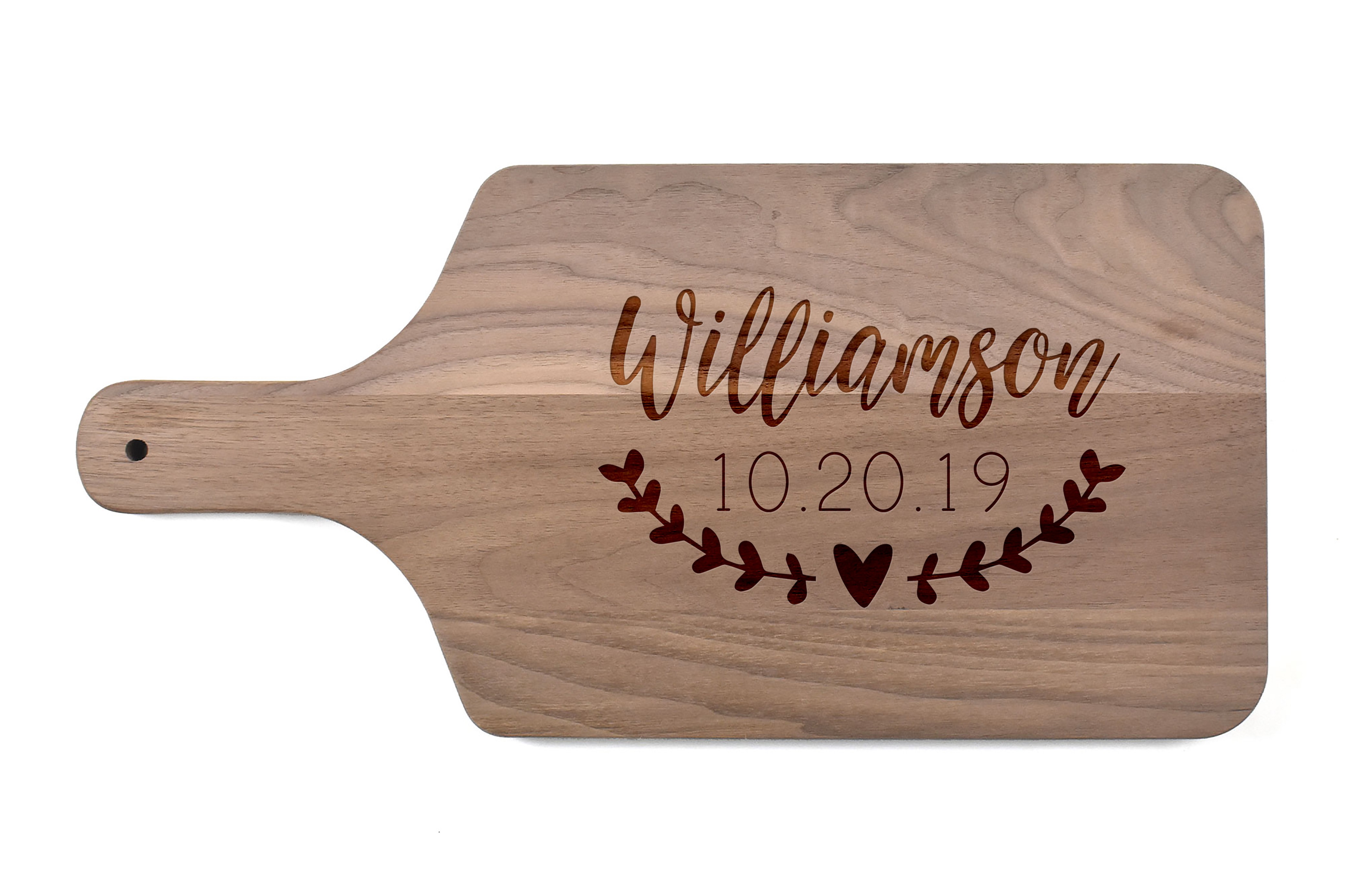 Family Name Heart Laurel Personalized 17 x 8 Walnut Paddle Cutting Board
