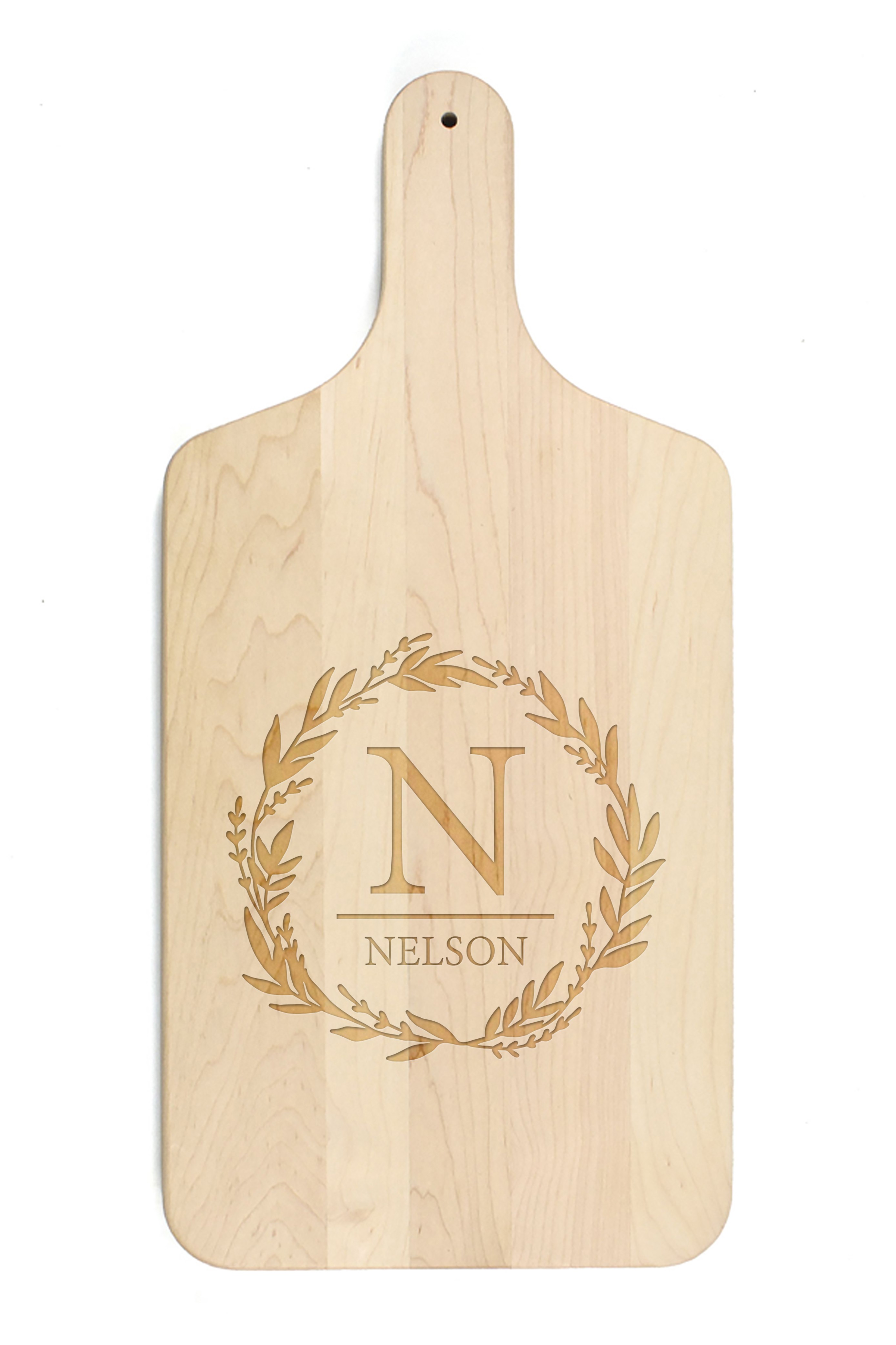 Monogram Leaf Wreath Personalized 8 x 17 Maple Paddle Cutting Board