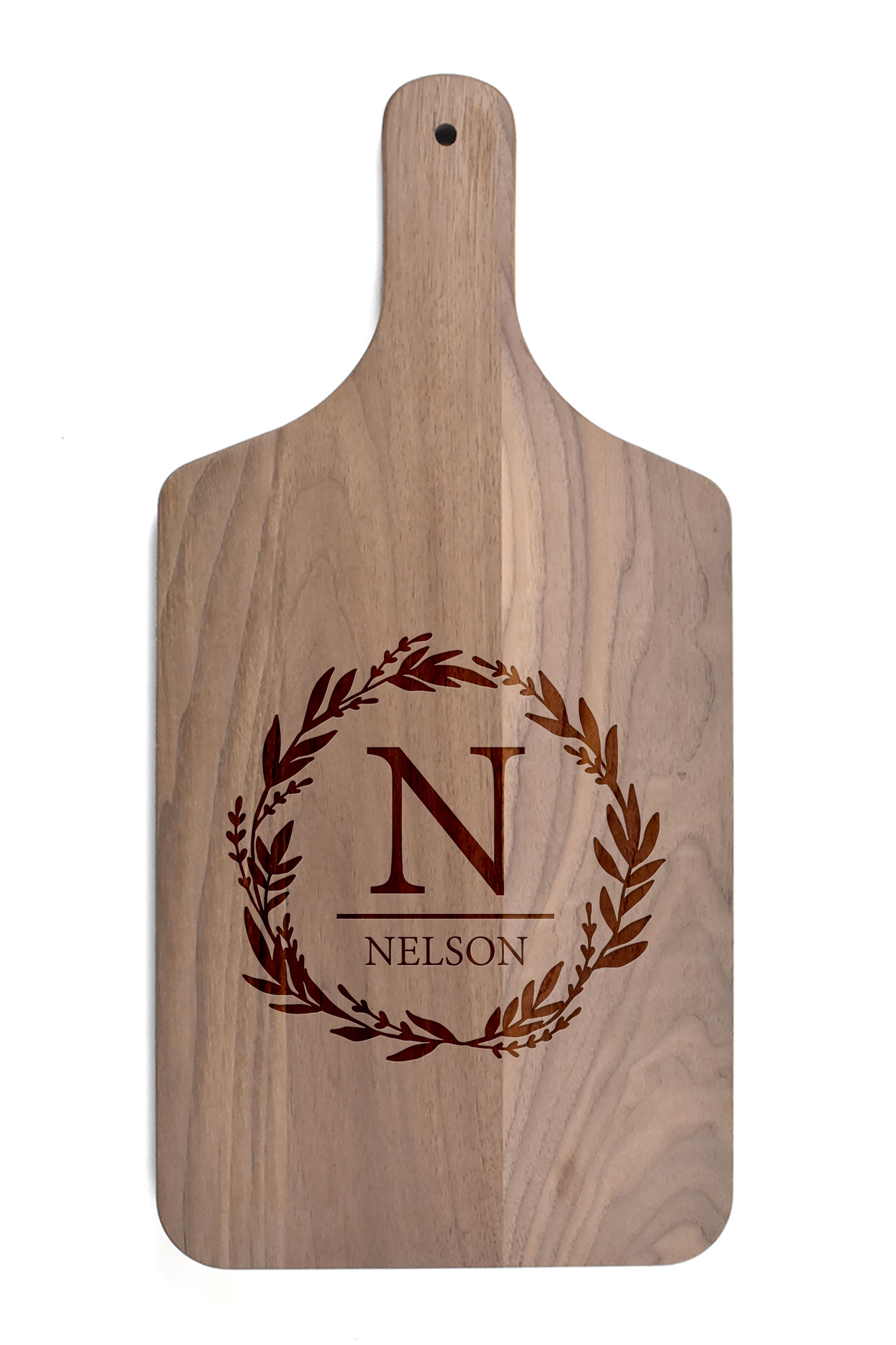 Monogram Leaf Wreath Personalized 8 x 17 Walnut Paddle Cutting Board