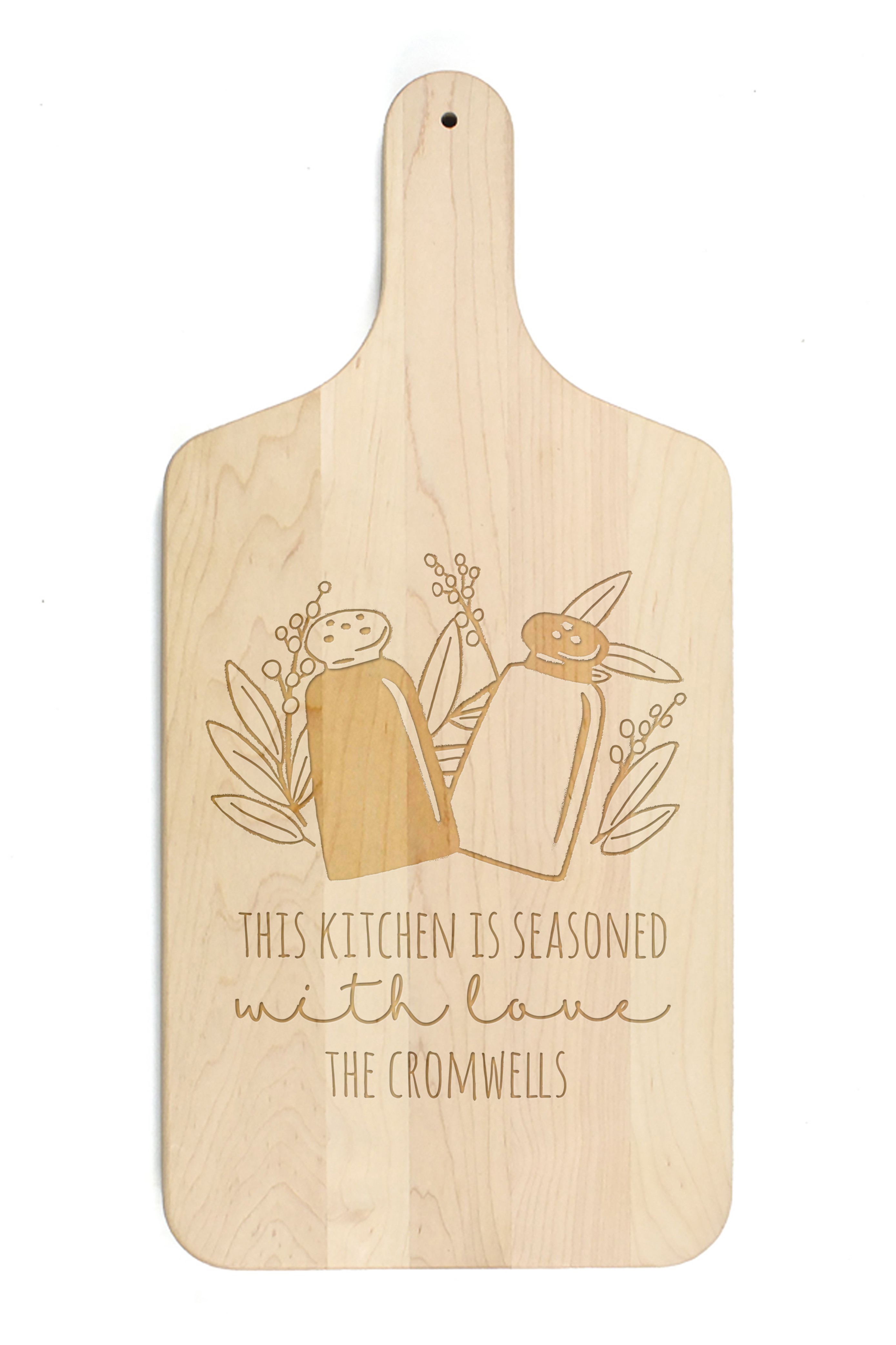 Seasoned with Love Personalized 8 x 17 Maple Paddle Cutting Board