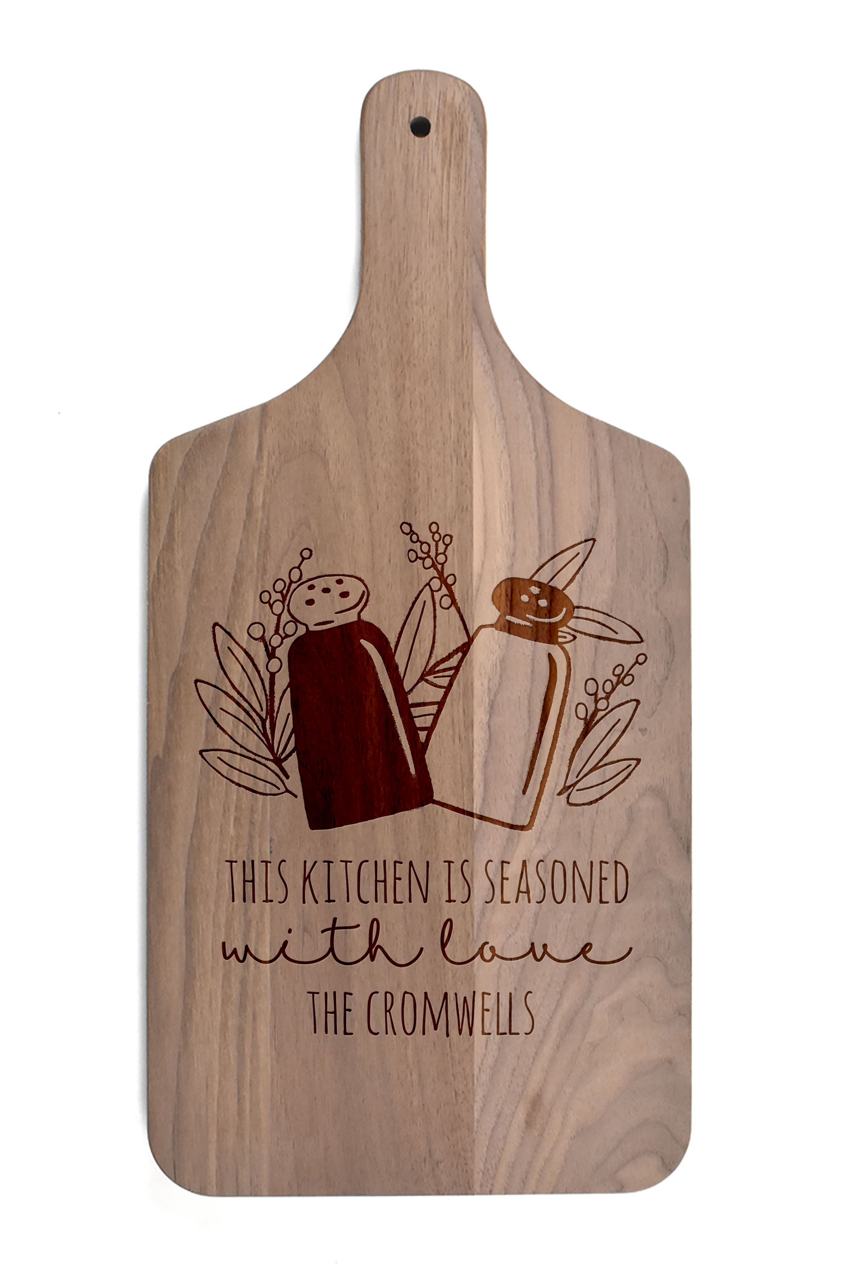 Seasoned with Love Personalized 8 x 17 Walnut Paddle Cutting Board