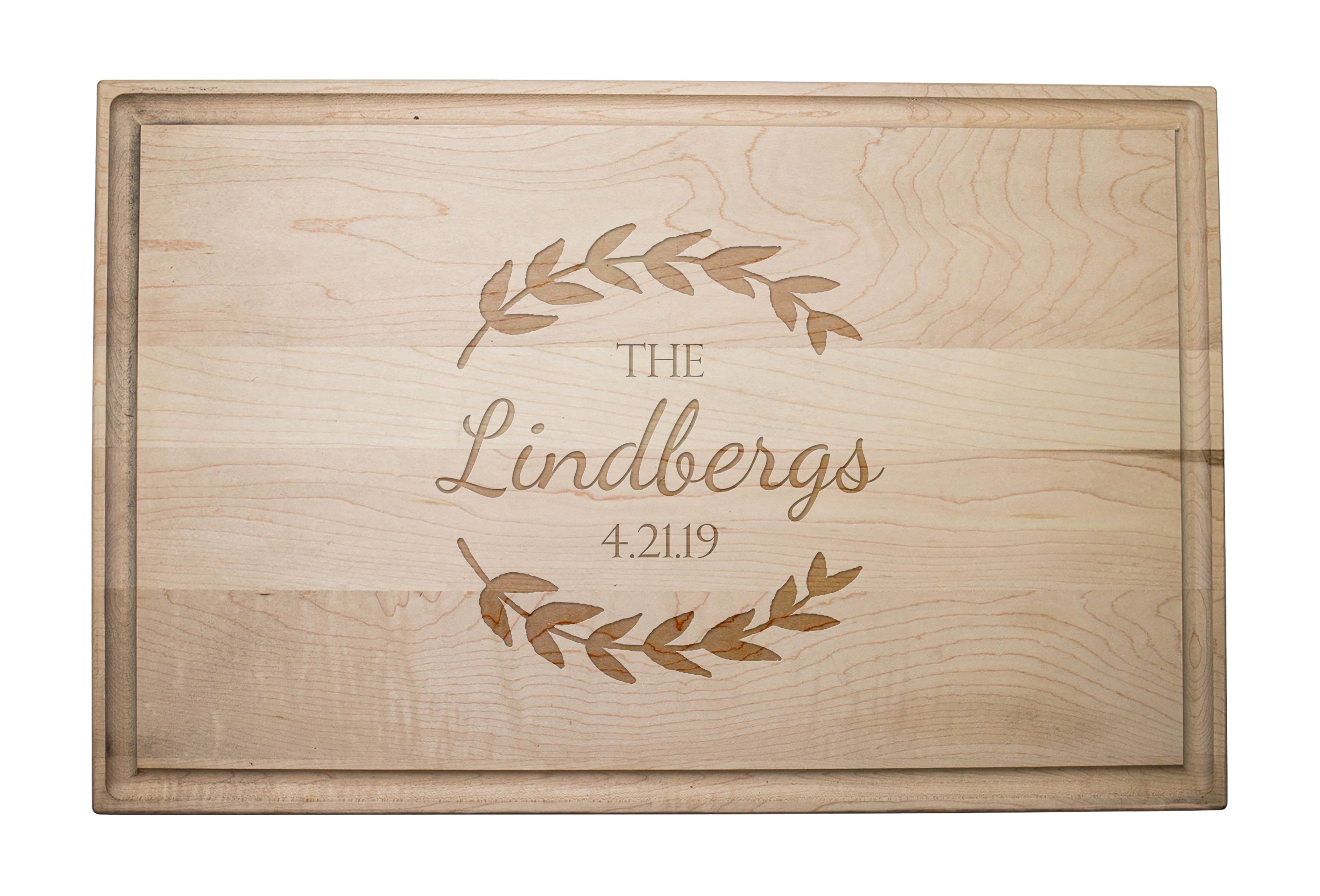 Family Name Laurel Wreath Personalized 17 x 11 Maple Cutting Board