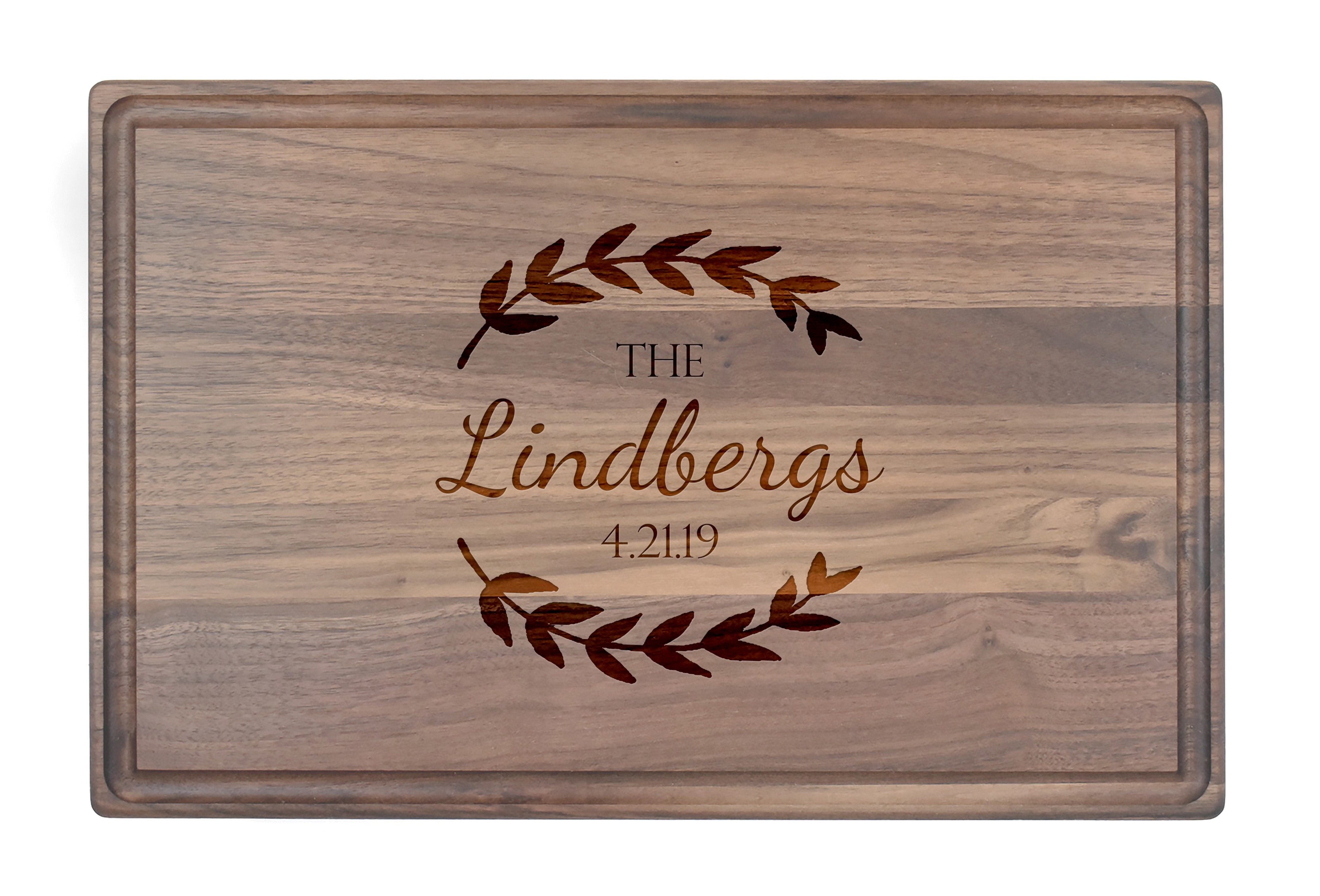 Family Name Laurel Wreath Personalized 17 x 11 Walnut Cutting Board