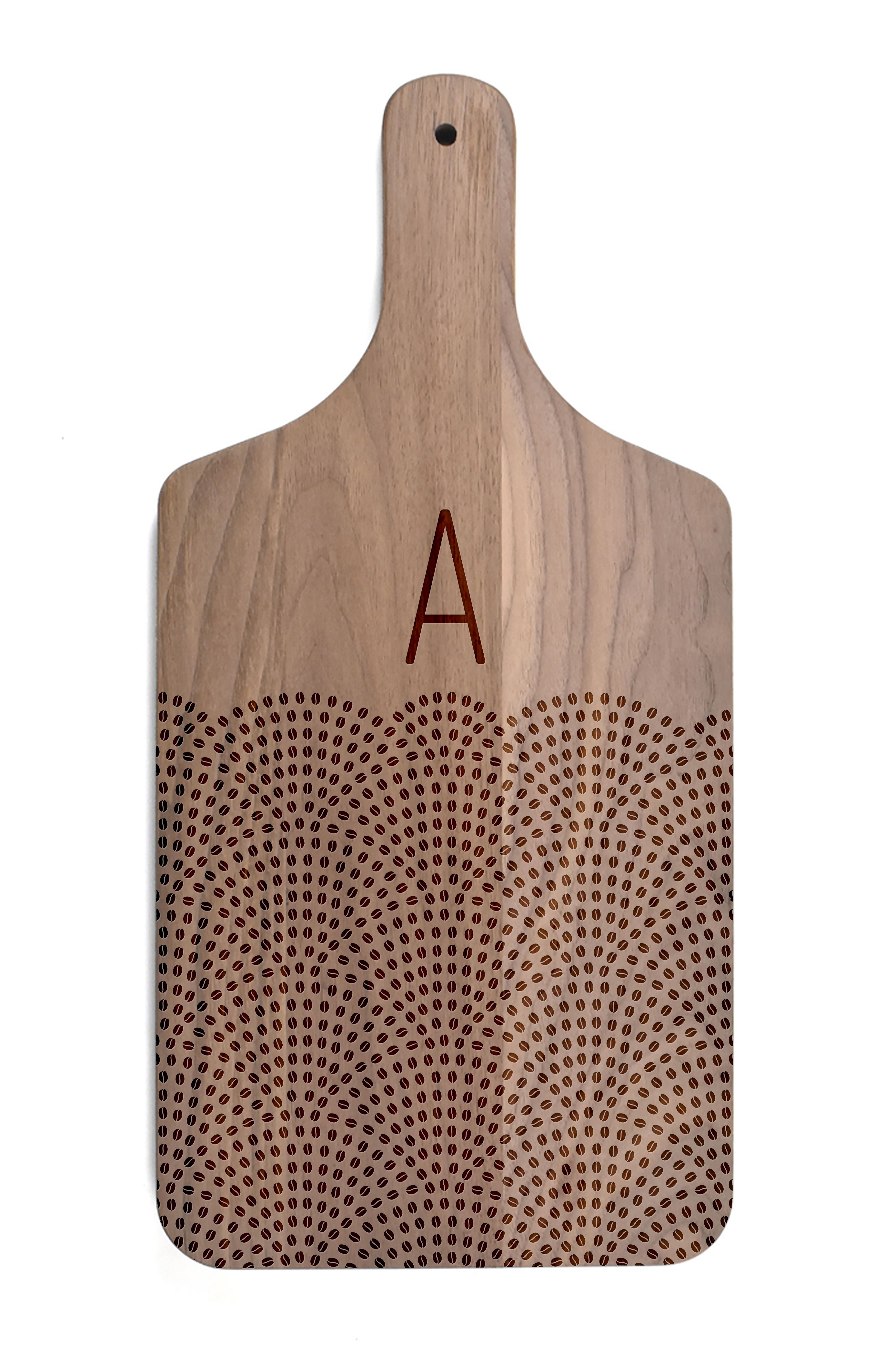 Scallop Coffee Bean Monogram Personalized 8 x 17 Walnut Paddle Cutting Board