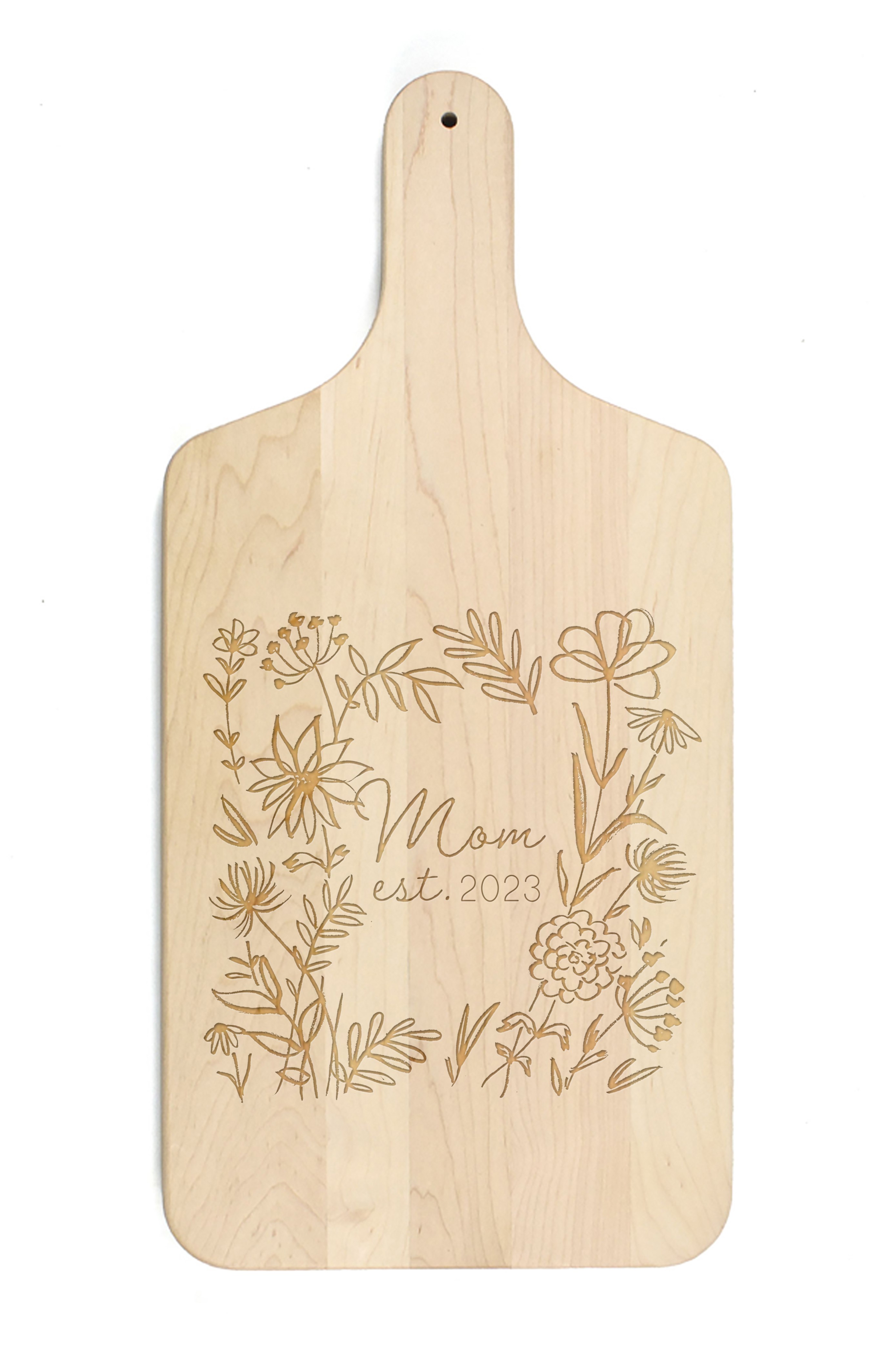 Mom Established Date Personalized 8 x 17 Maple Paddle Cutting Board