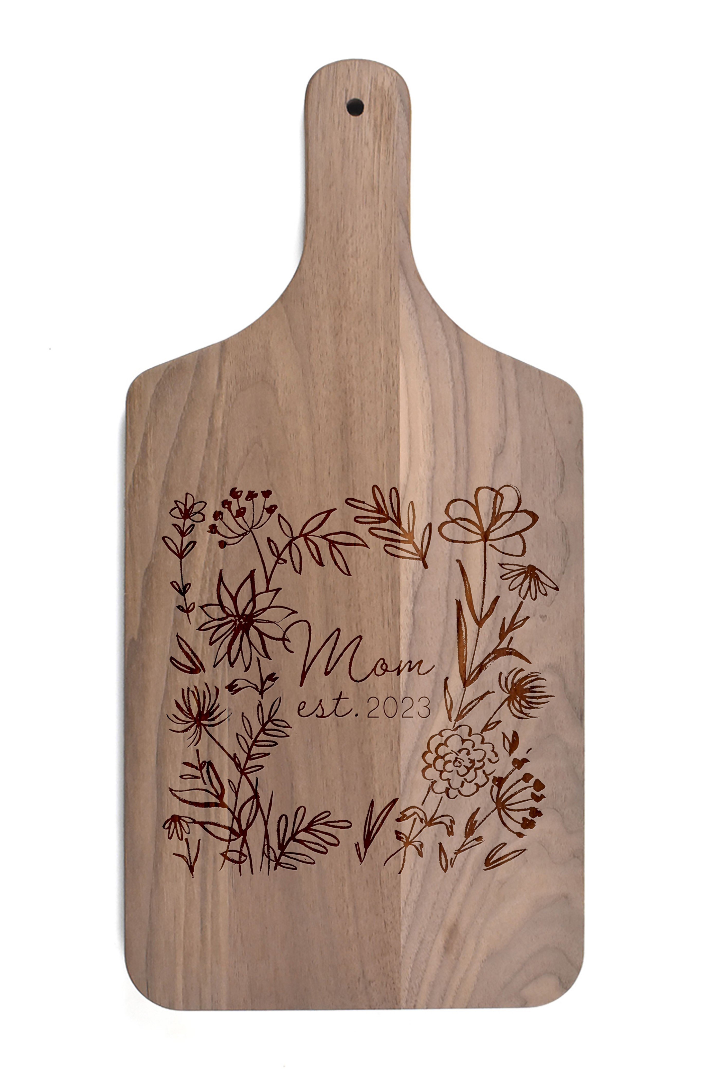 Mom Established Date Personalized 8 x 17 Walnut Paddle Cutting Board