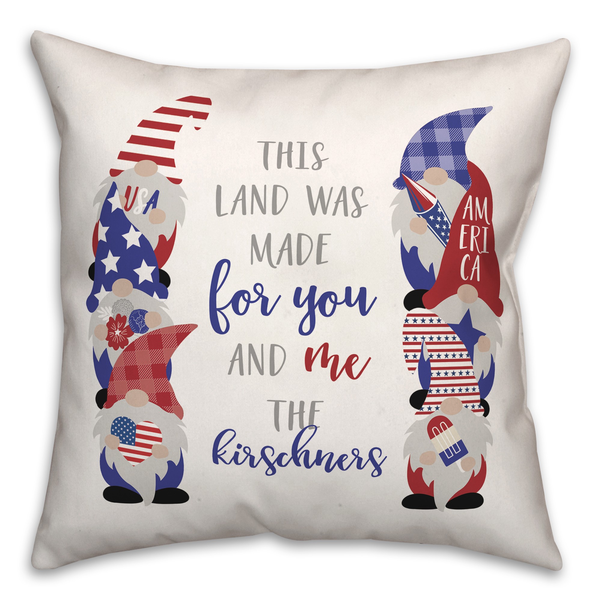 Made for You and Me Patriotic Gnomes Personalized 18 x 18 Indoor / Outdoor Pillow