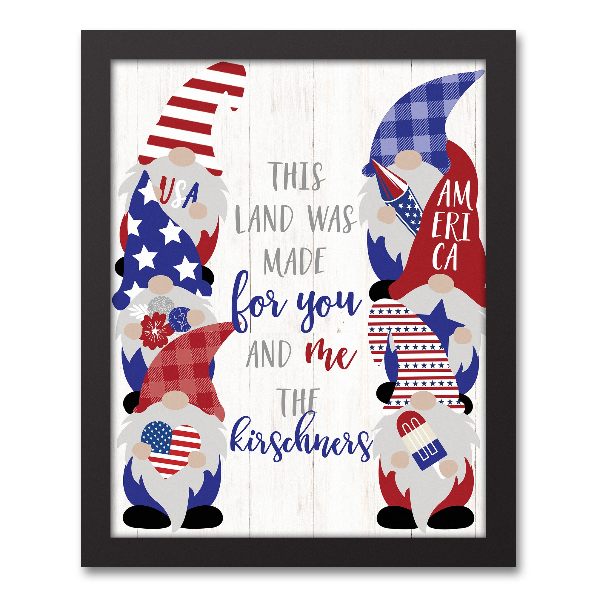 Made for You and Me Patriotic Gnomes Personalized 12.73 x 15.73 Black Framed Canvas