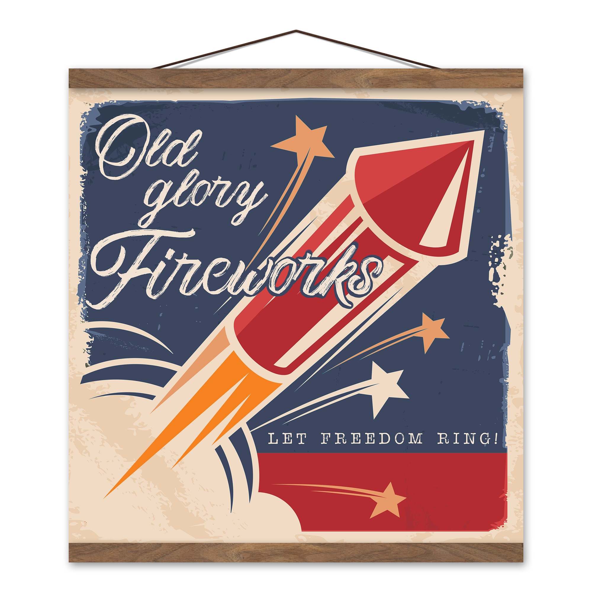 Old Glory Fireworks 16 x 16 Teak Hanging Canvas