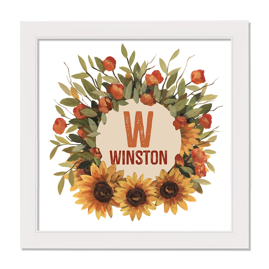 Fall Floral Monogram Personalized 16 x 16 White Framed Print Under Plexiglass