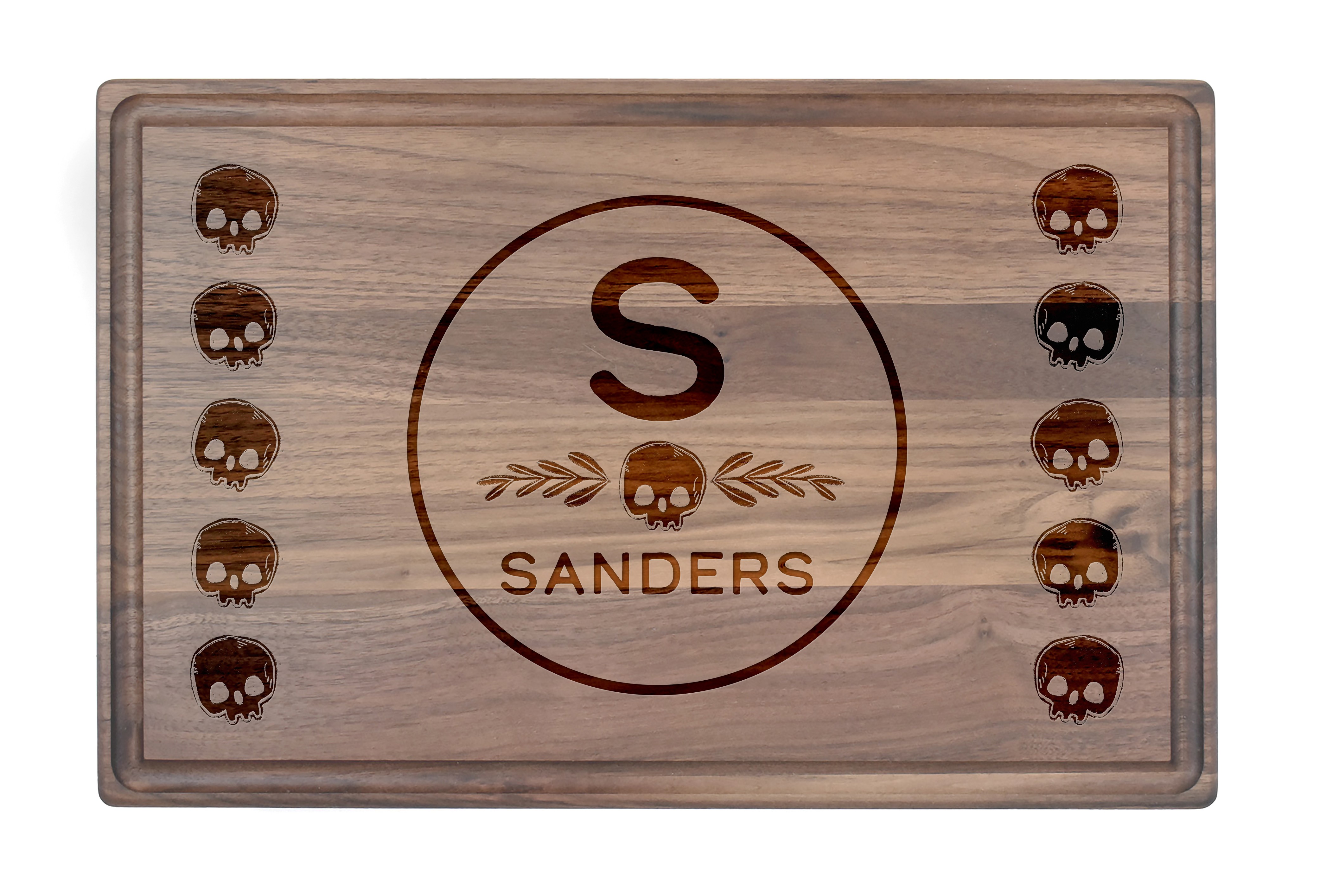 Skull Pattern Monogram Personalized 17 x 11 Walnut Cutting Board