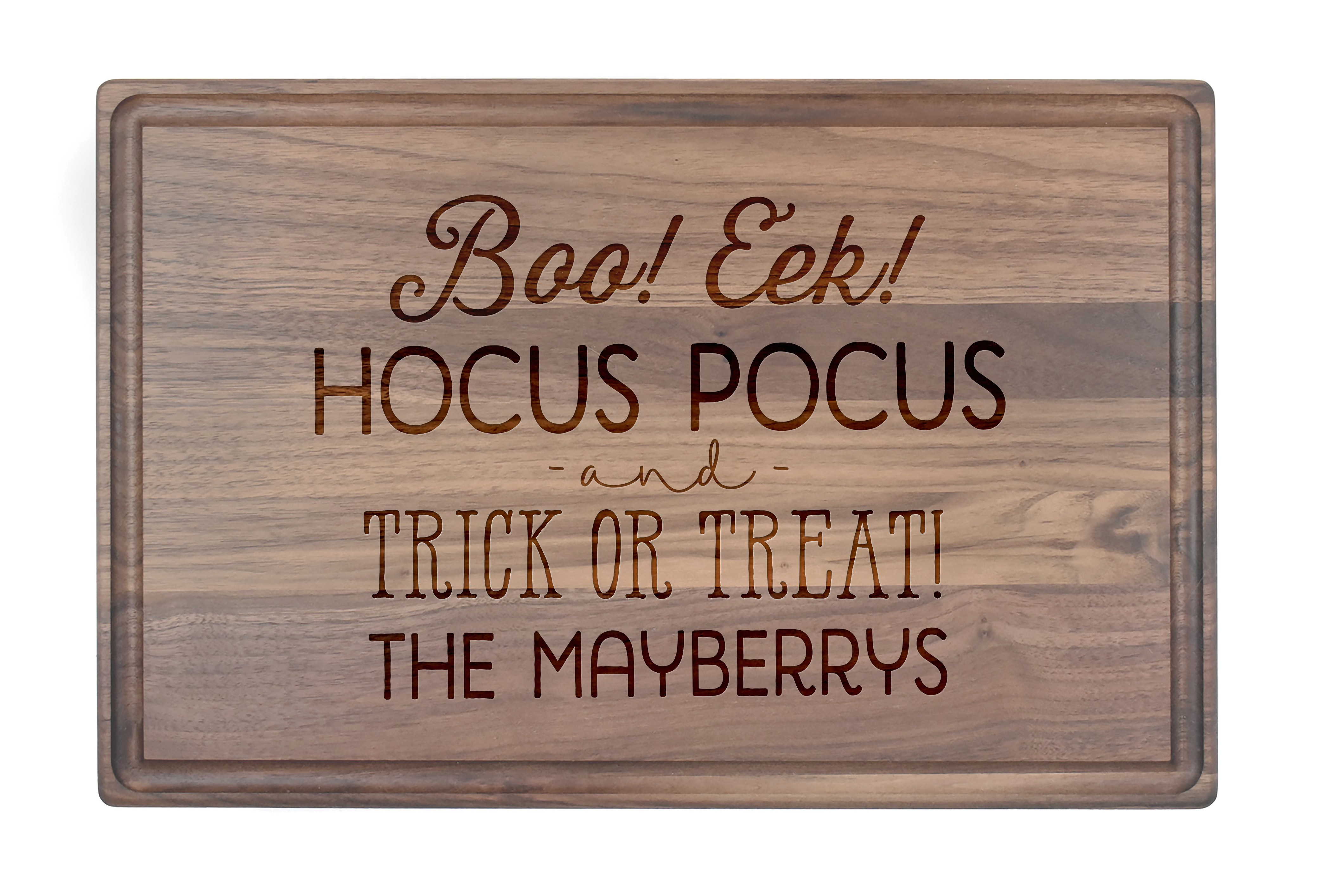 Boo Eek Hocus Pocus Trick or Treat Personalized 17 x 11 Walnut Cutting Board