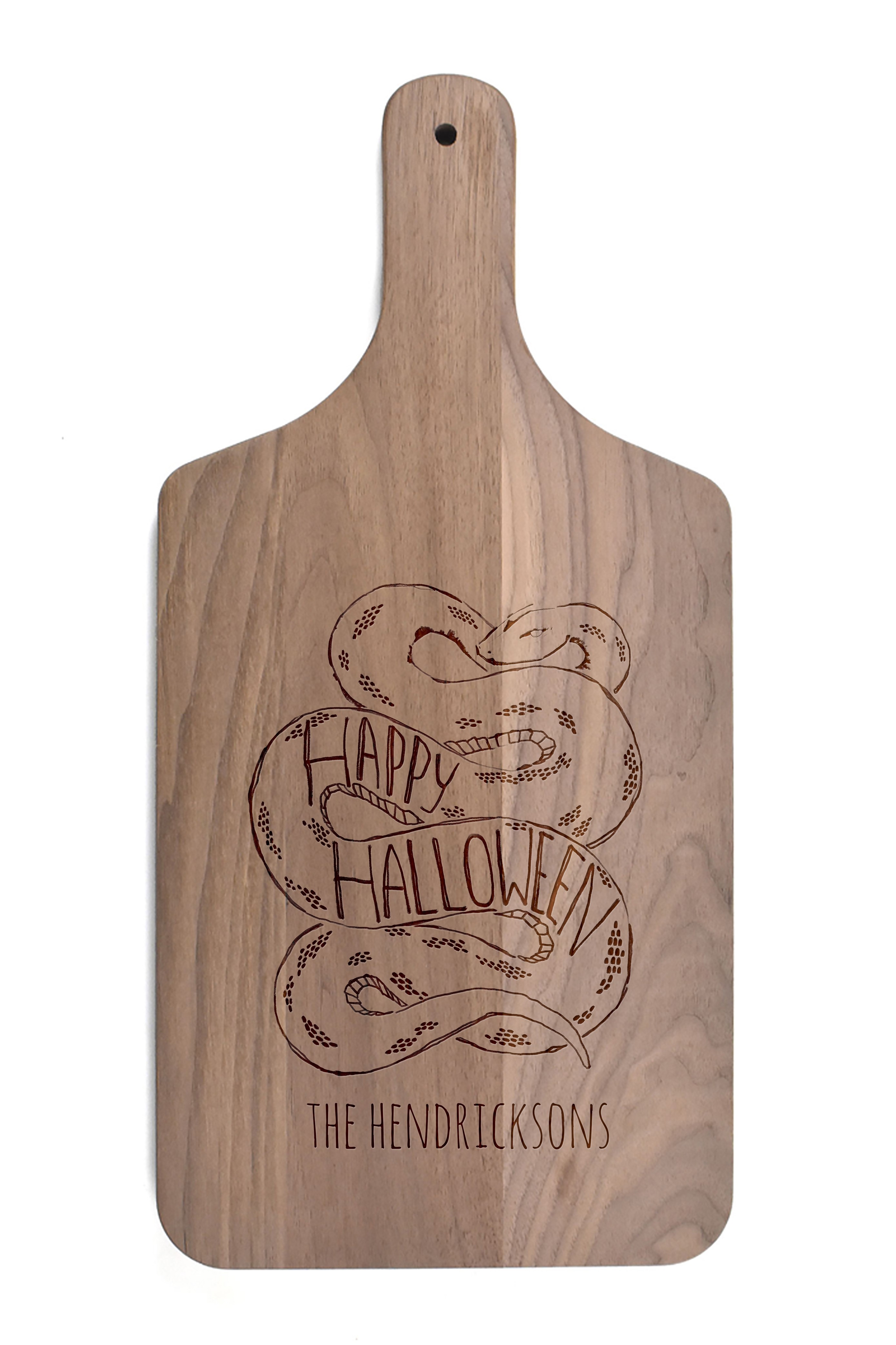 Happy Halloween Snake Personalized 8 x 17 Walnut Paddle Cutting Board
