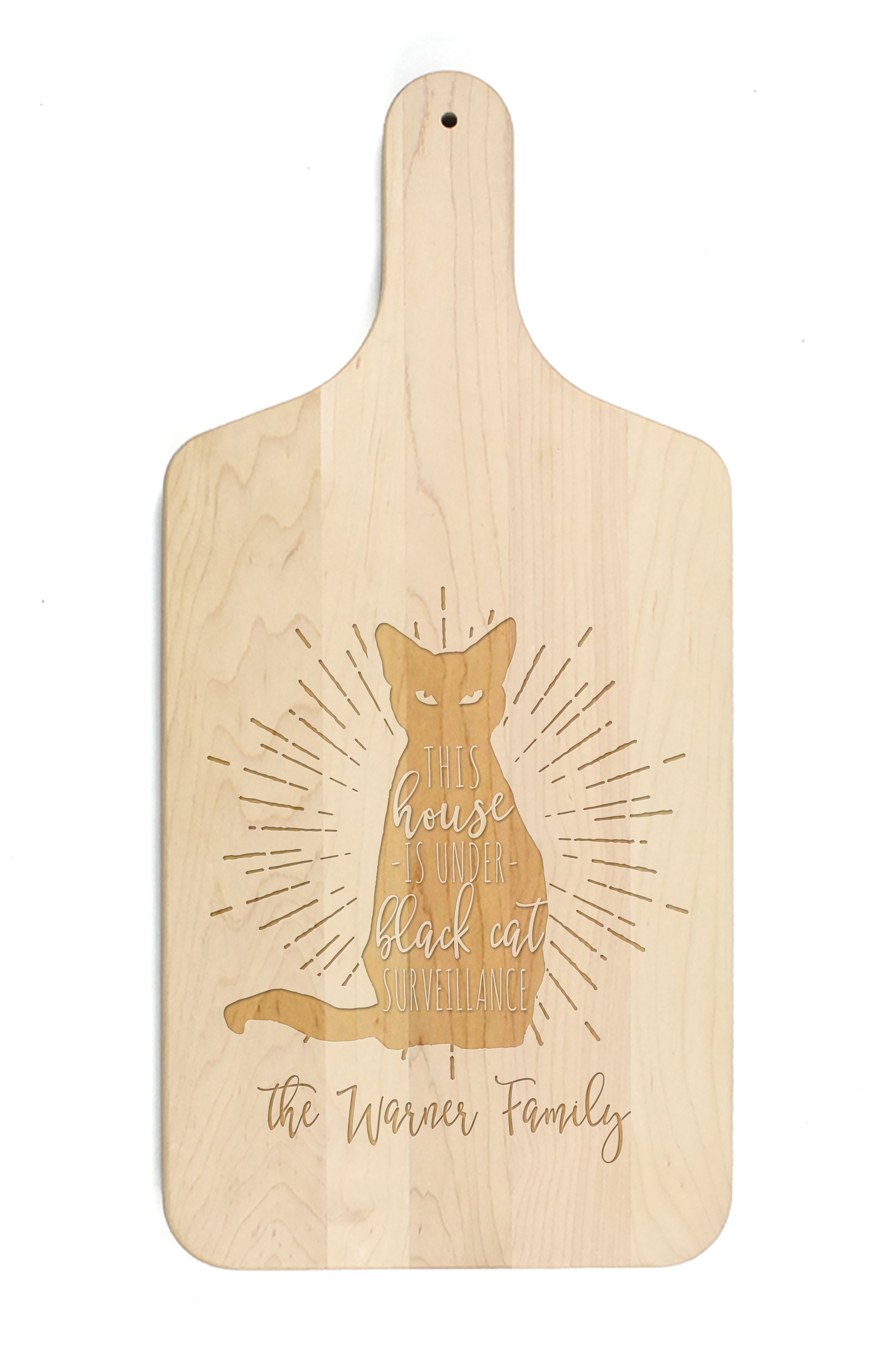 Black Cat Surveillance Personalized 8 x 17 Maple Paddle Cutting Board