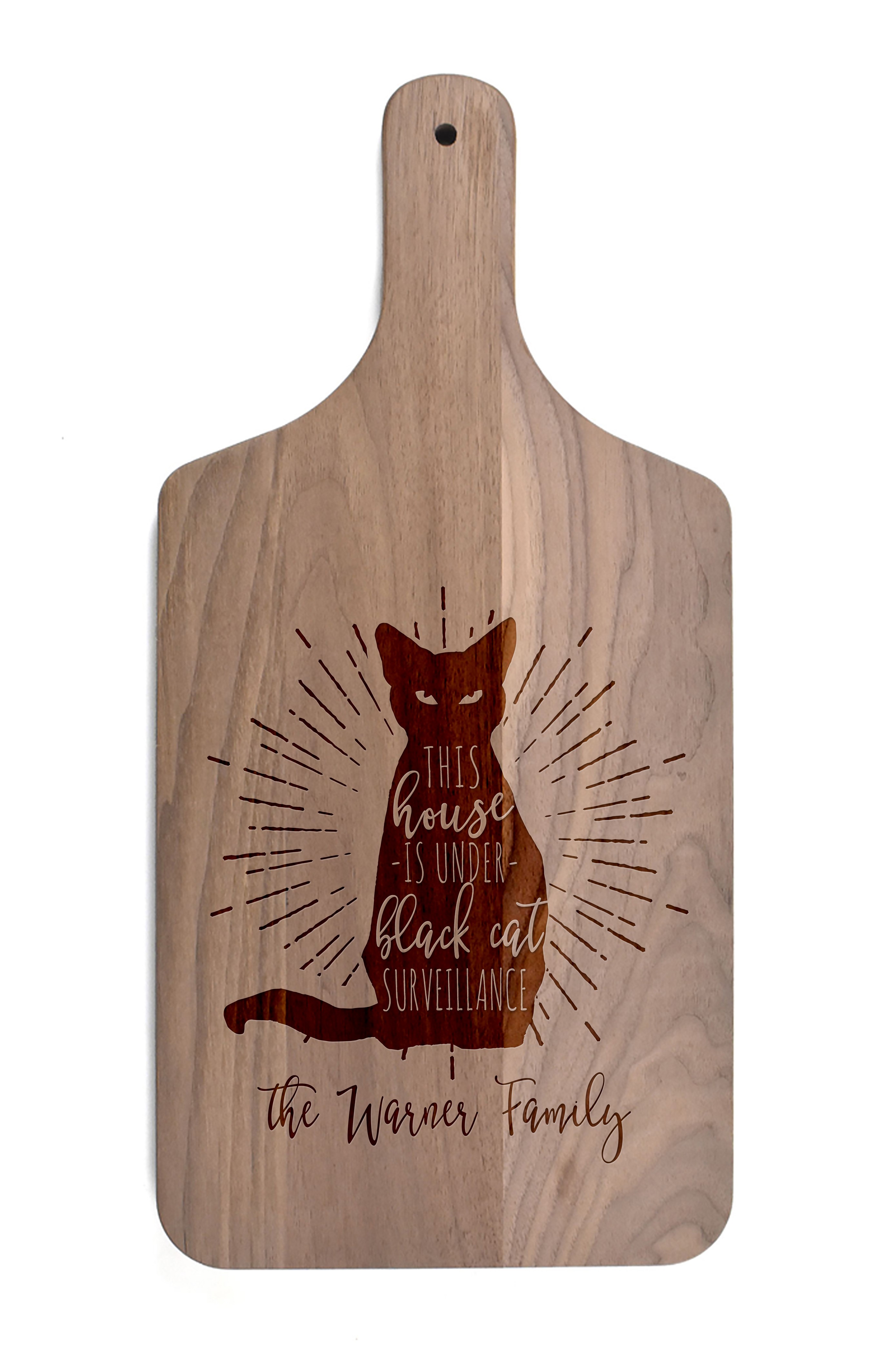 Black Cat Surveillance Personalized 8 x 17 Walnut Paddle Cutting Board