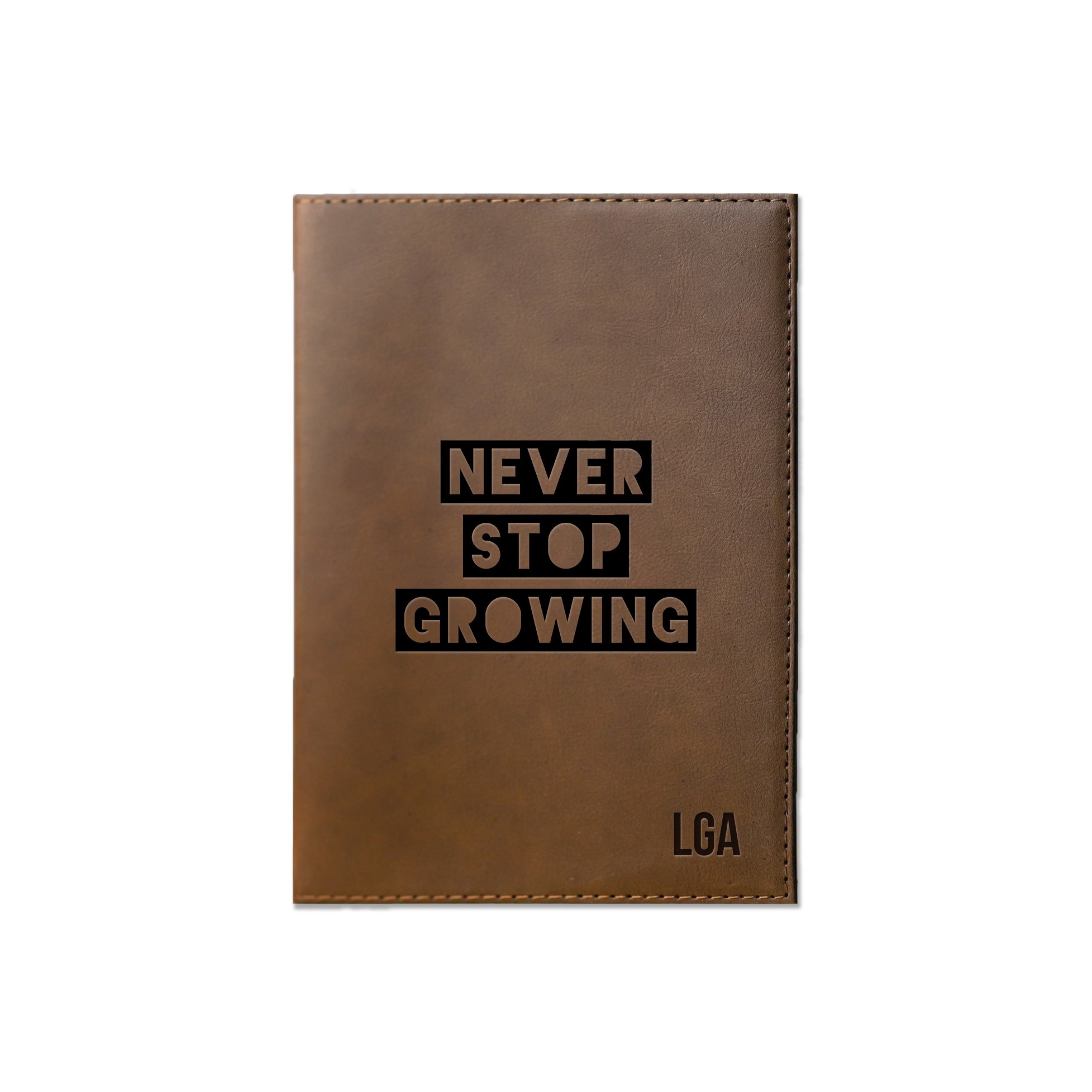 Never Stop Growing Personalized 6 x 8.5 Brown Leather Journal