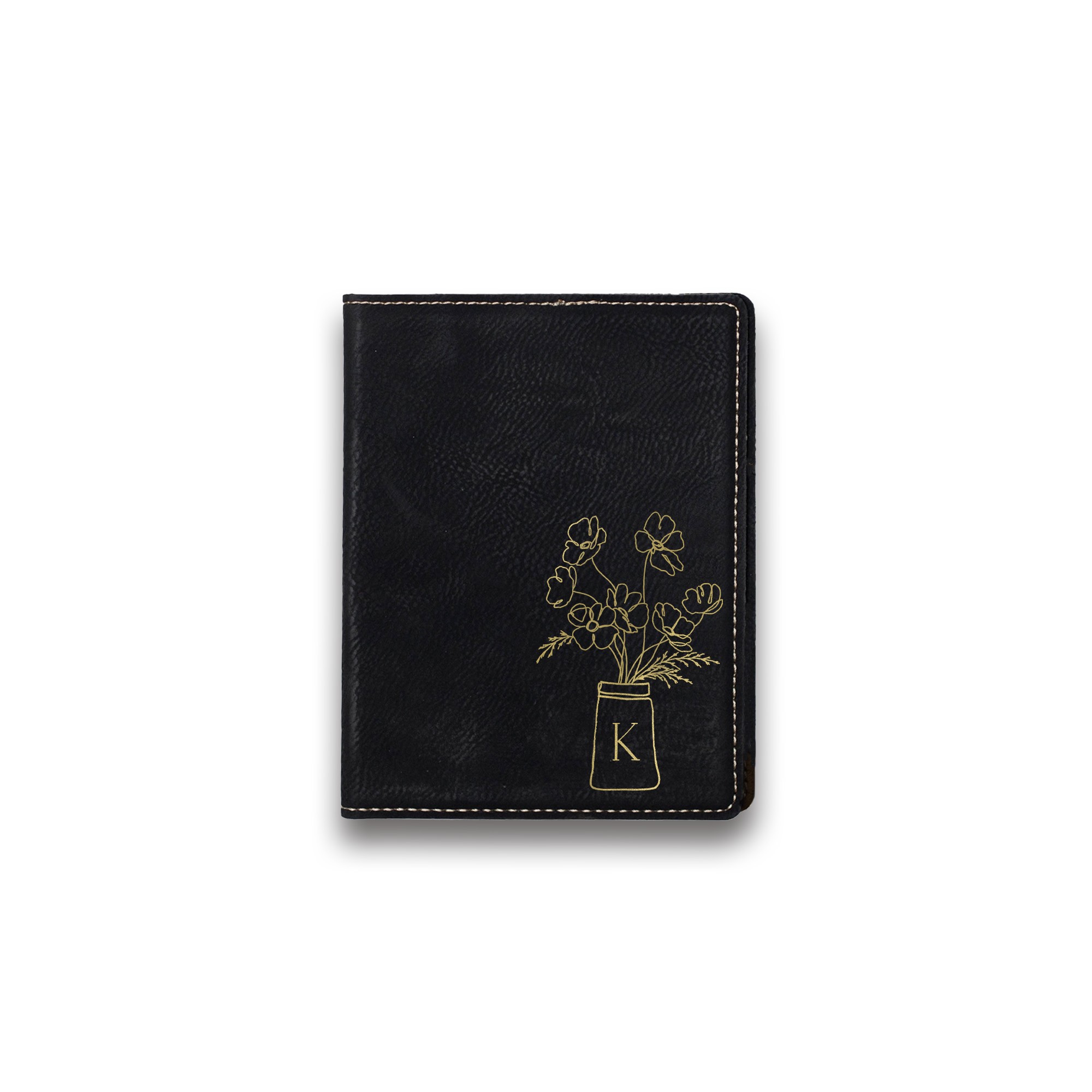 Floral Bouquet Monogram Personalized 4.5 x 5.5 Black Leather Passport Holder