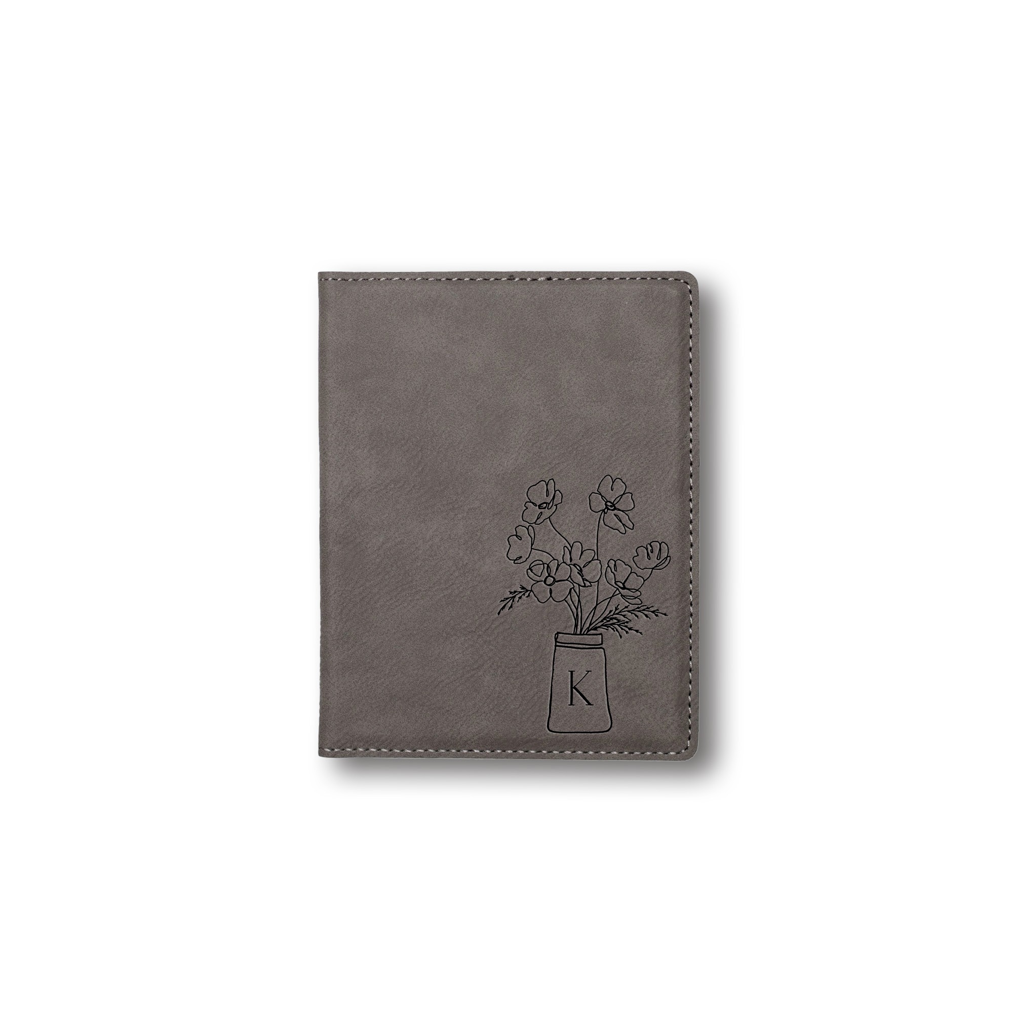 Floral Bouquet Monogram Personalized 4.5 x 5.5 Gray Leather Passport Holder