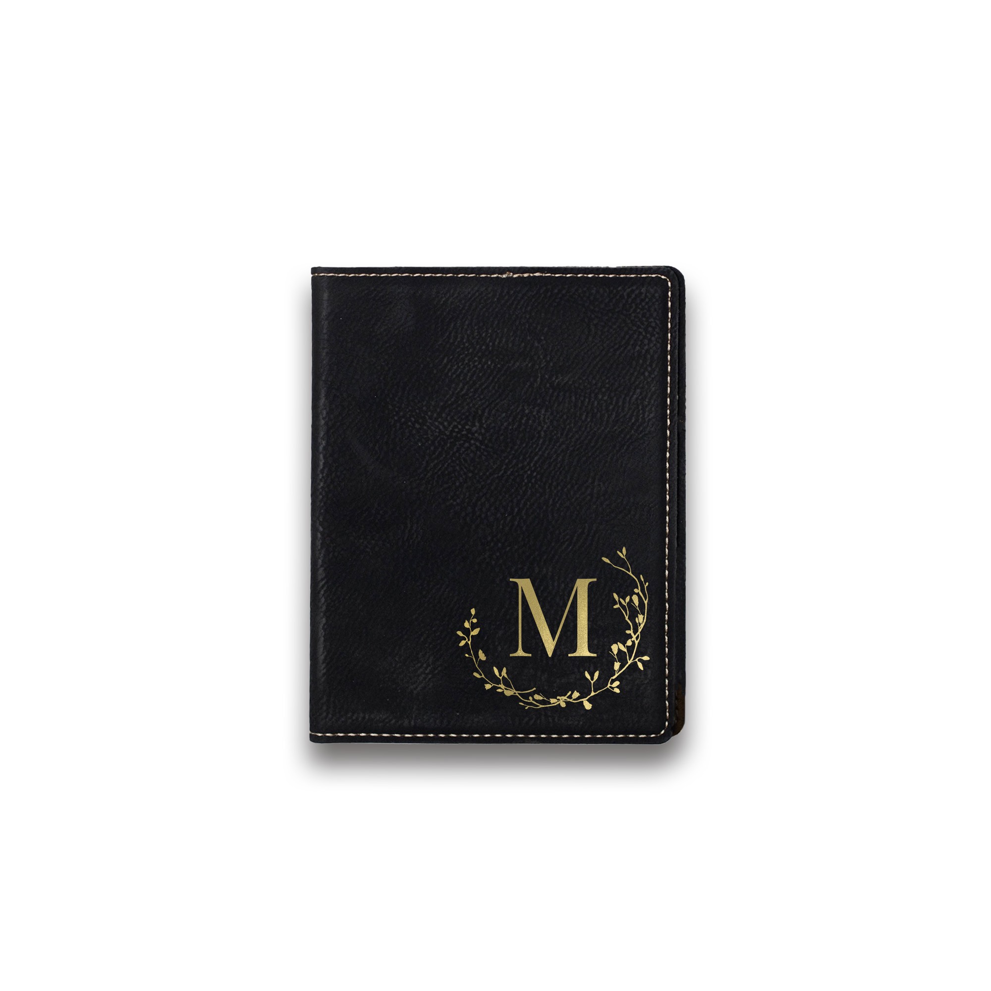 Delicate Twig Wreath Monogram Personalized 4.5 x 5.5 Black Leather Passport Holder