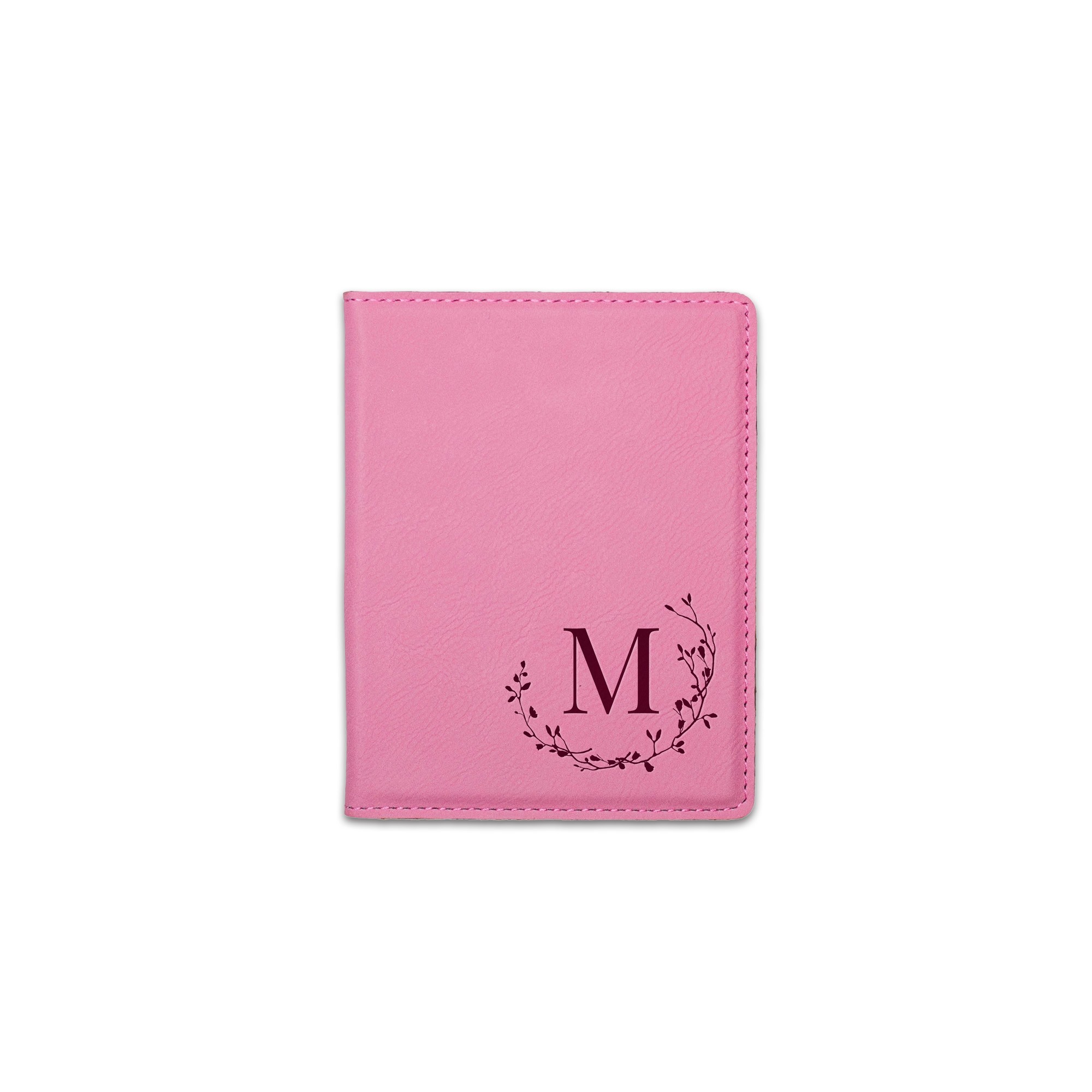Delicate Twig Wreath Monogram Personalized 4.5 x 5.5 Pink Leather Passport Holder