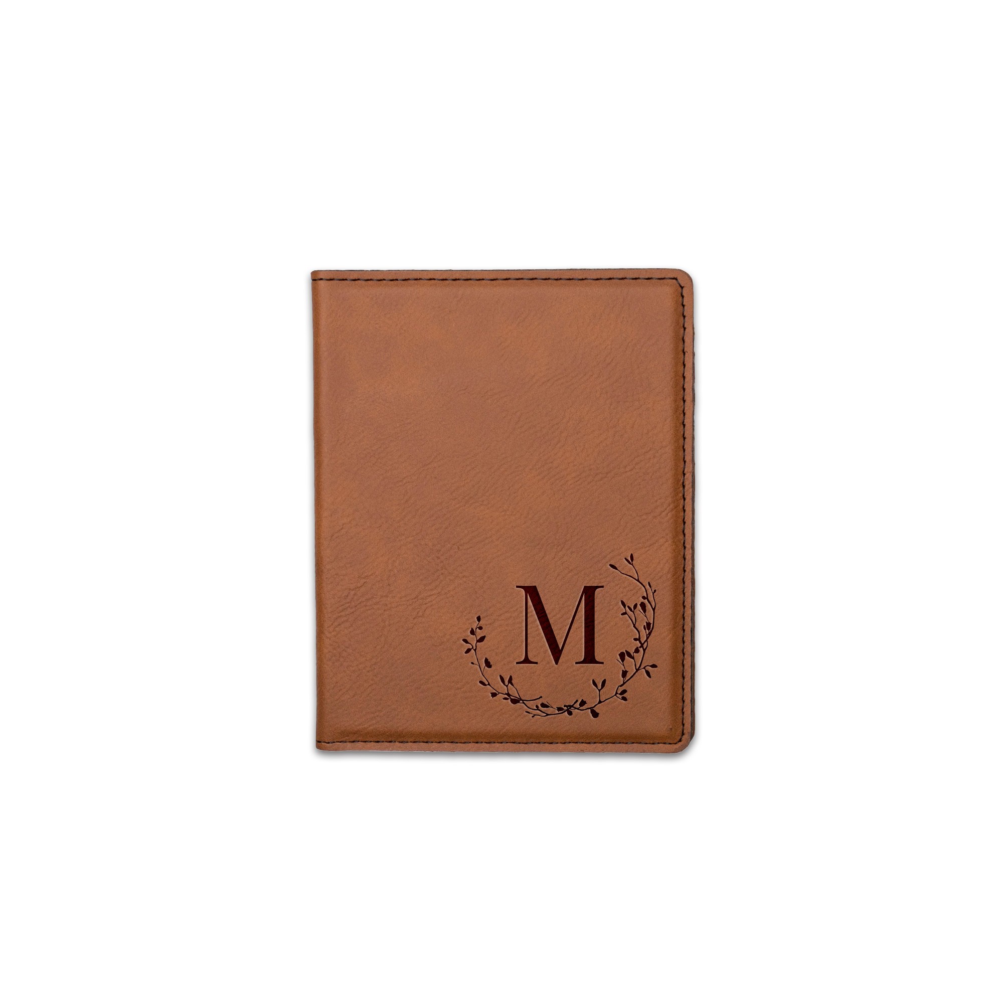 Delicate Twig Wreath Monogram Personalized 4.5 x 5.5 Rawhide Leather Passport Holder