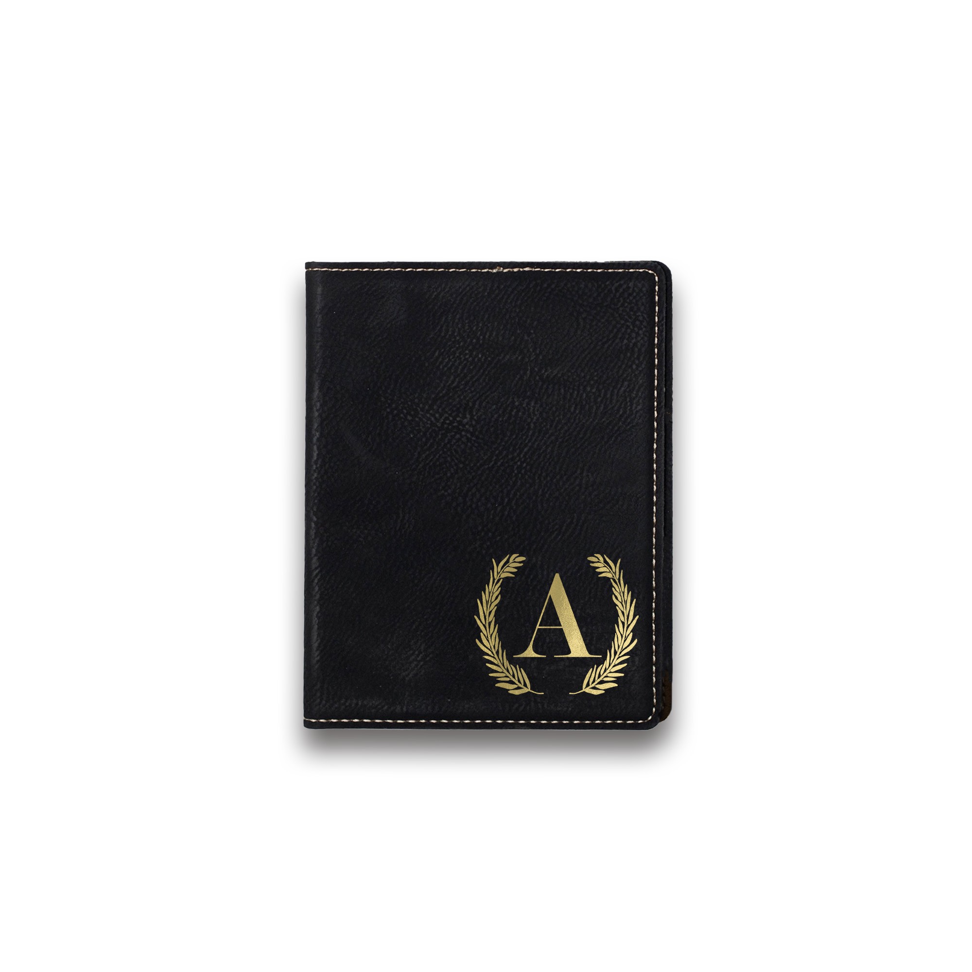 Simple Laurel Monogram Personalized 4.5 x 5.5 Black Leather Passport Holder