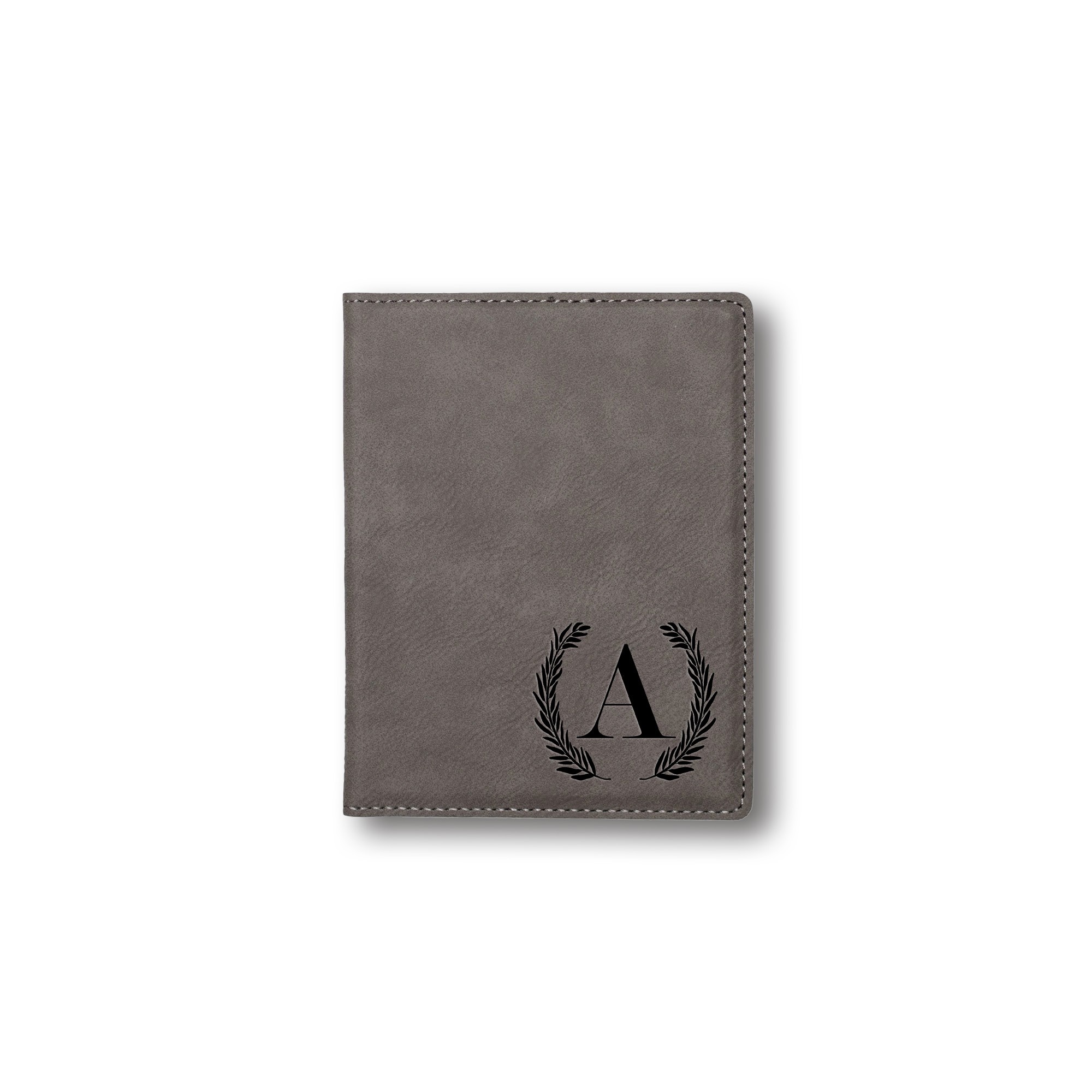 Simple Laurel Monogram Personalized 4.5 x 5.5 Gray Leather Passport Holder