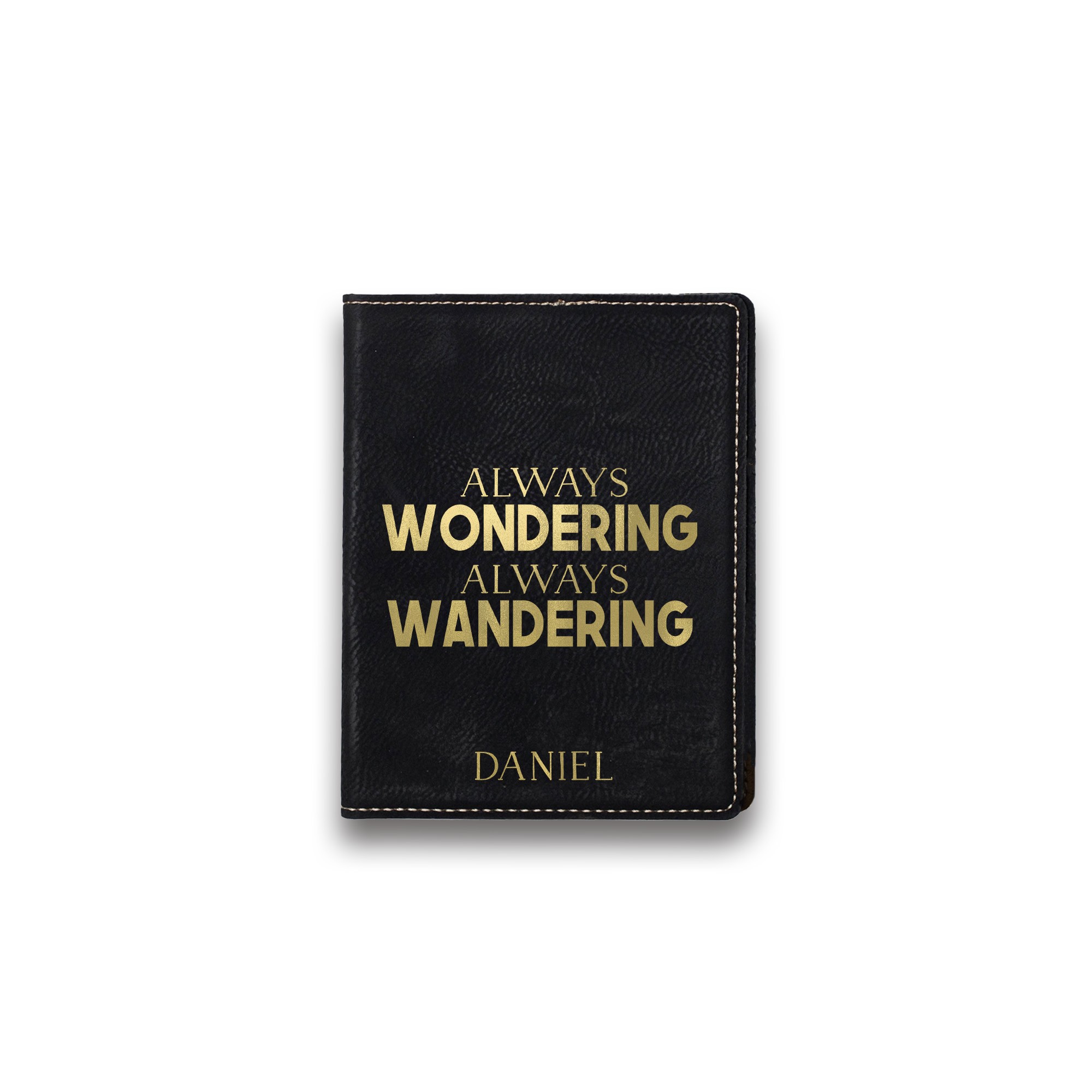 Wondering Wandering Personalized 4.5 x 5.5 Black Leather Passport Holder