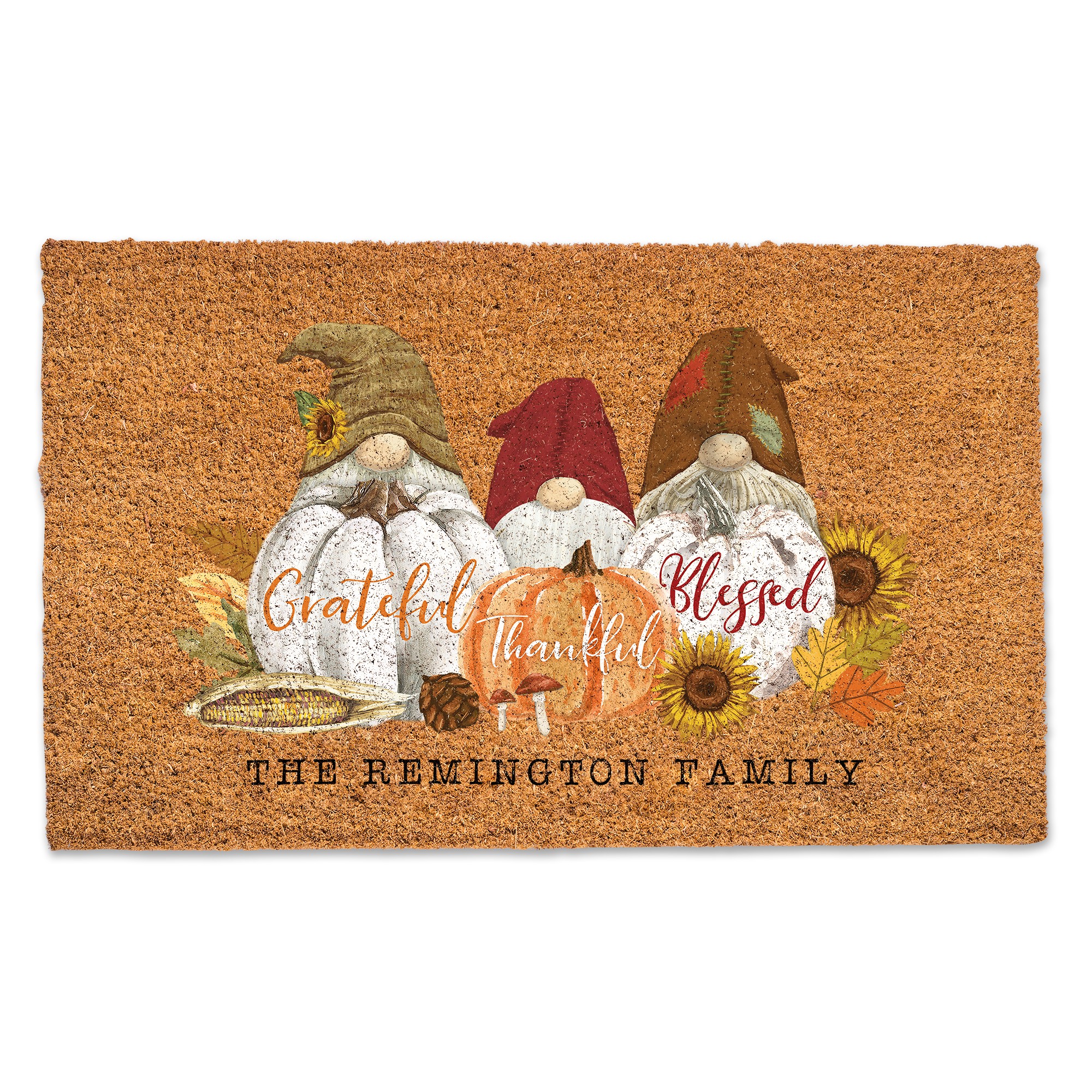 Grateful Thankful Blessed Gnomes Personalized 30 x 18 Door Mat