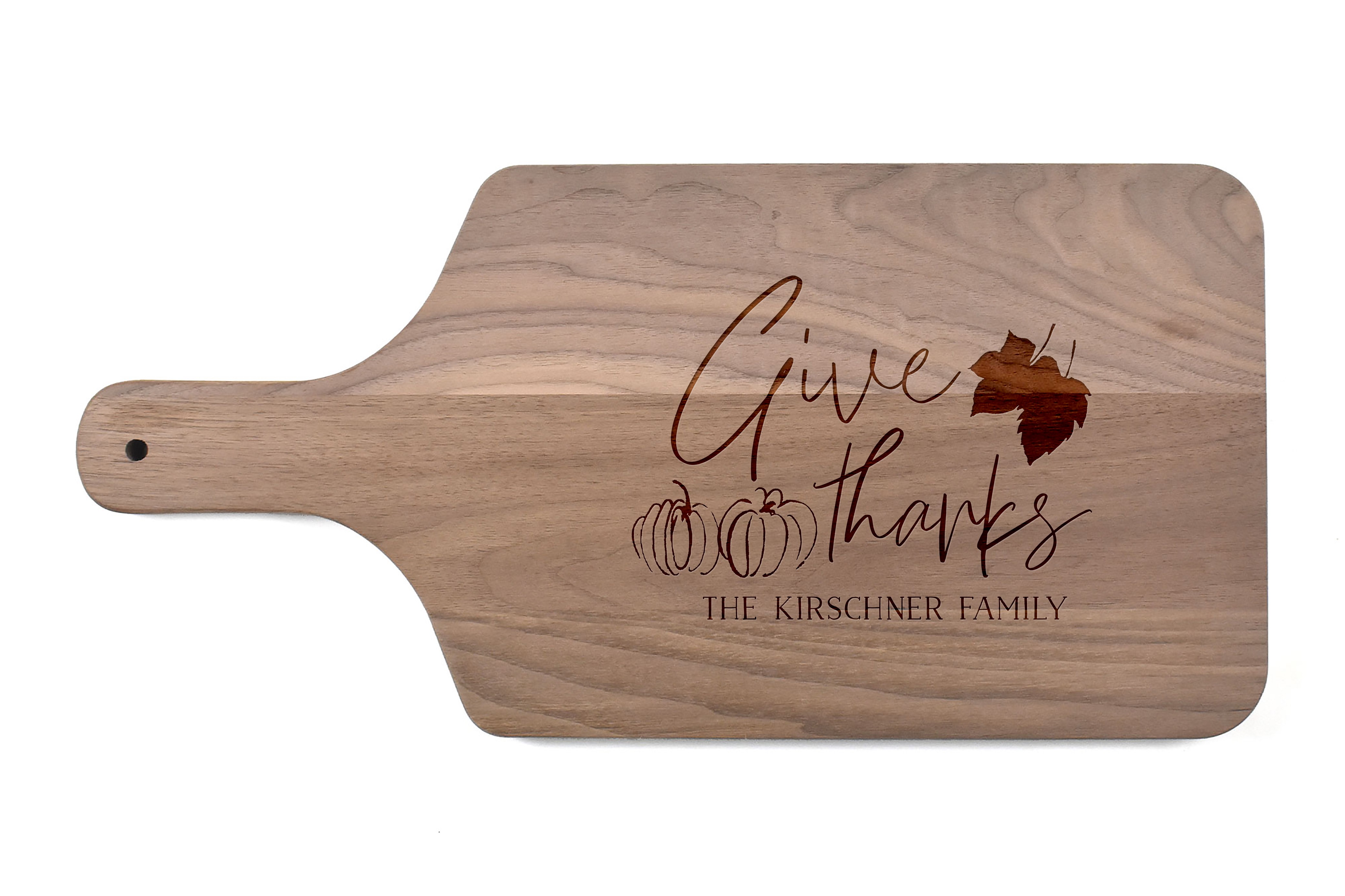 Give Thanks Personalized 17 x 8 Walnut Paddle Cutting Board