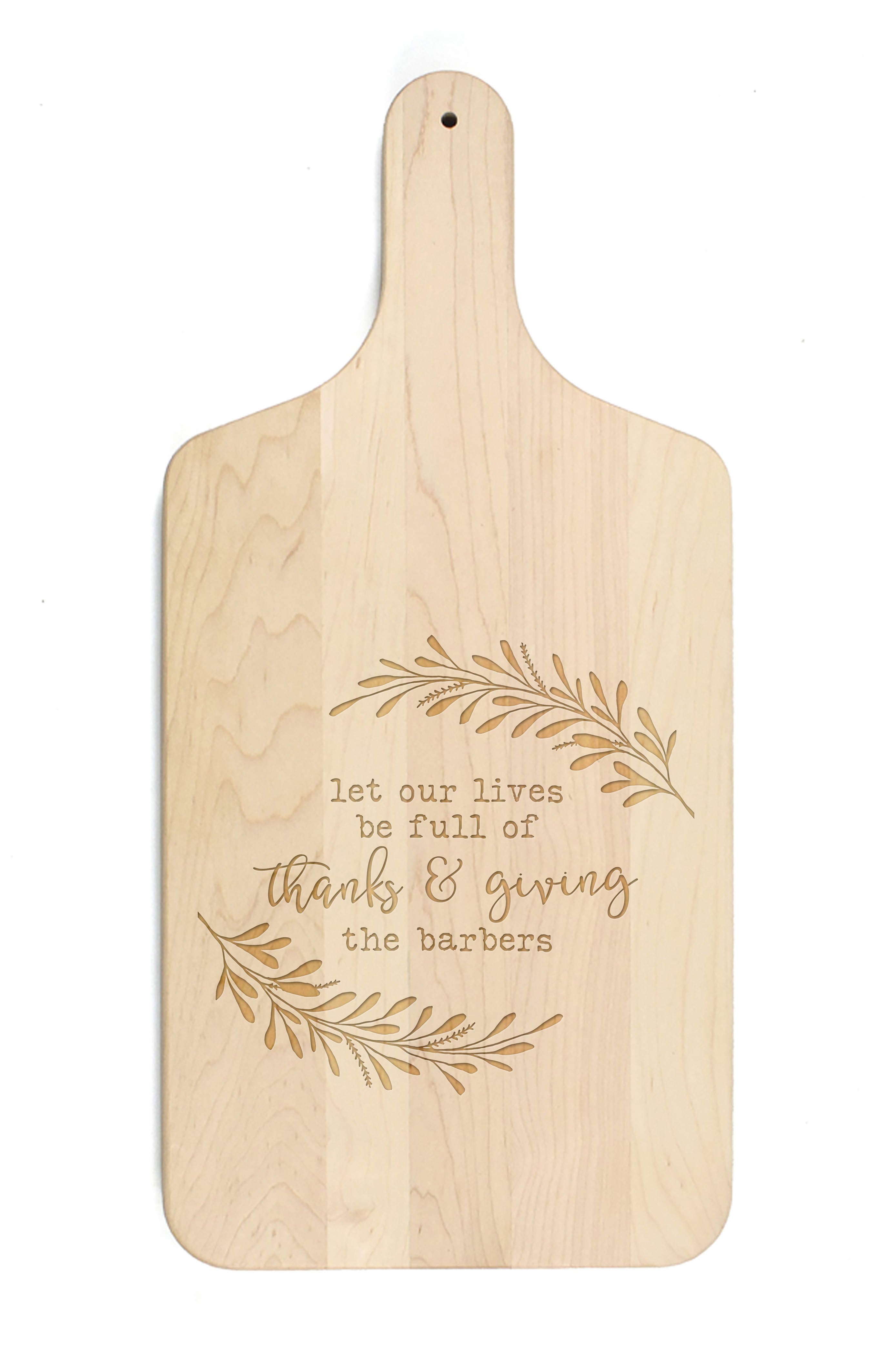 Thanks and Giving Personalized 8 x 17 Maple Paddle Cutting Board