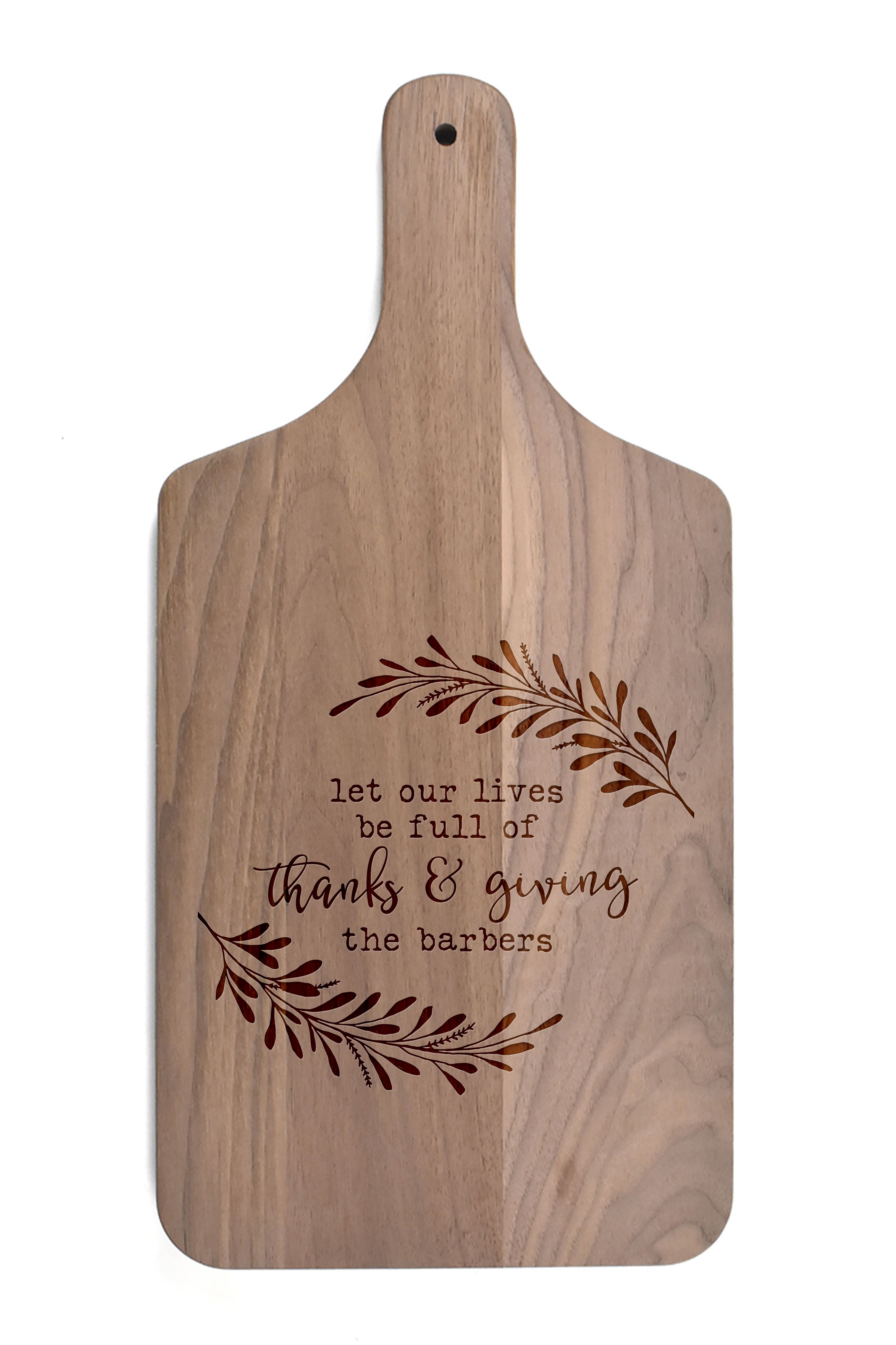 Thanks and Giving Personalized 8 x 17 Walnut Paddle Cutting Board