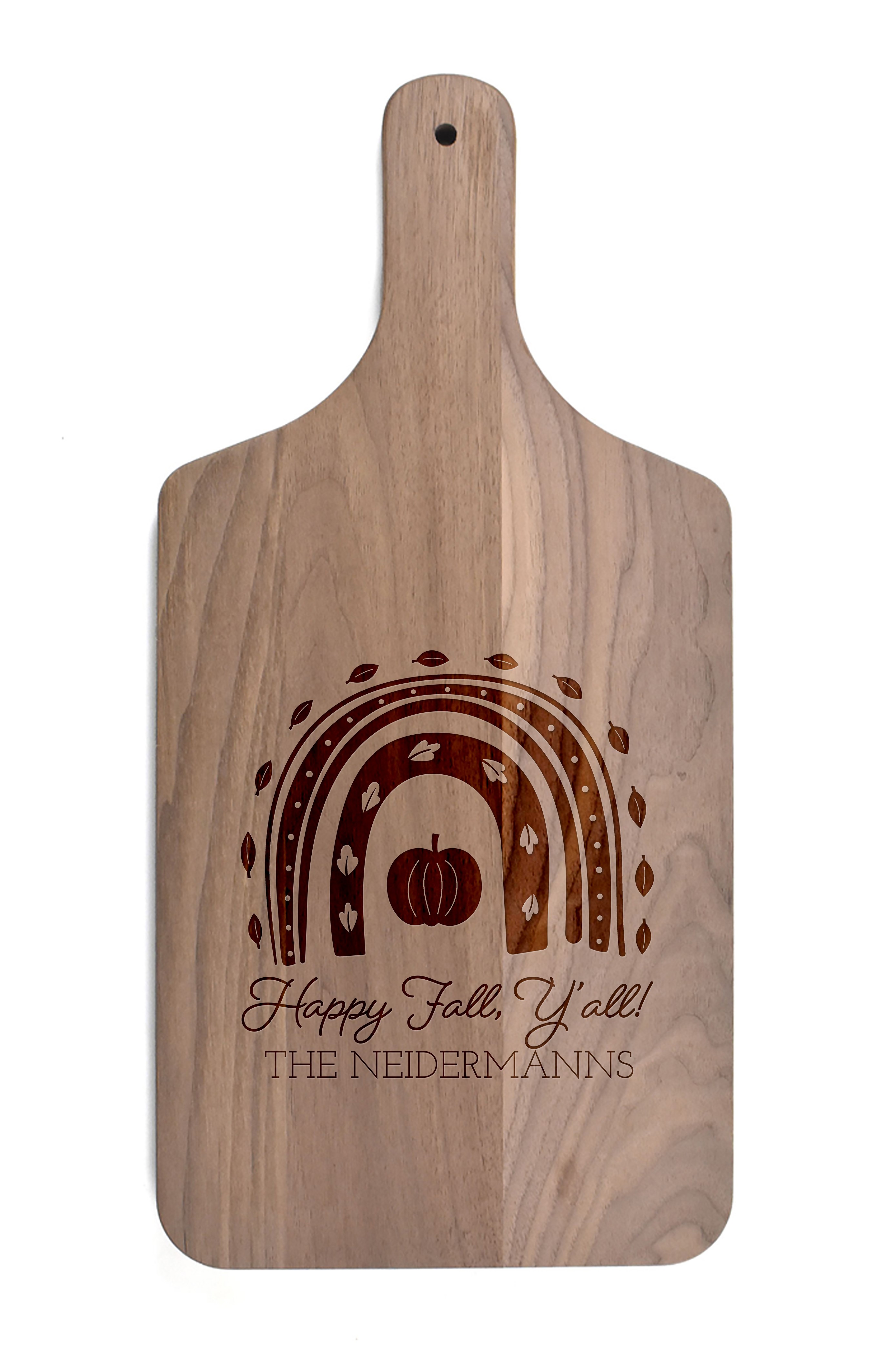 Happy Fall Yall Personalized 8 x 17 Walnut Paddle Cutting Board