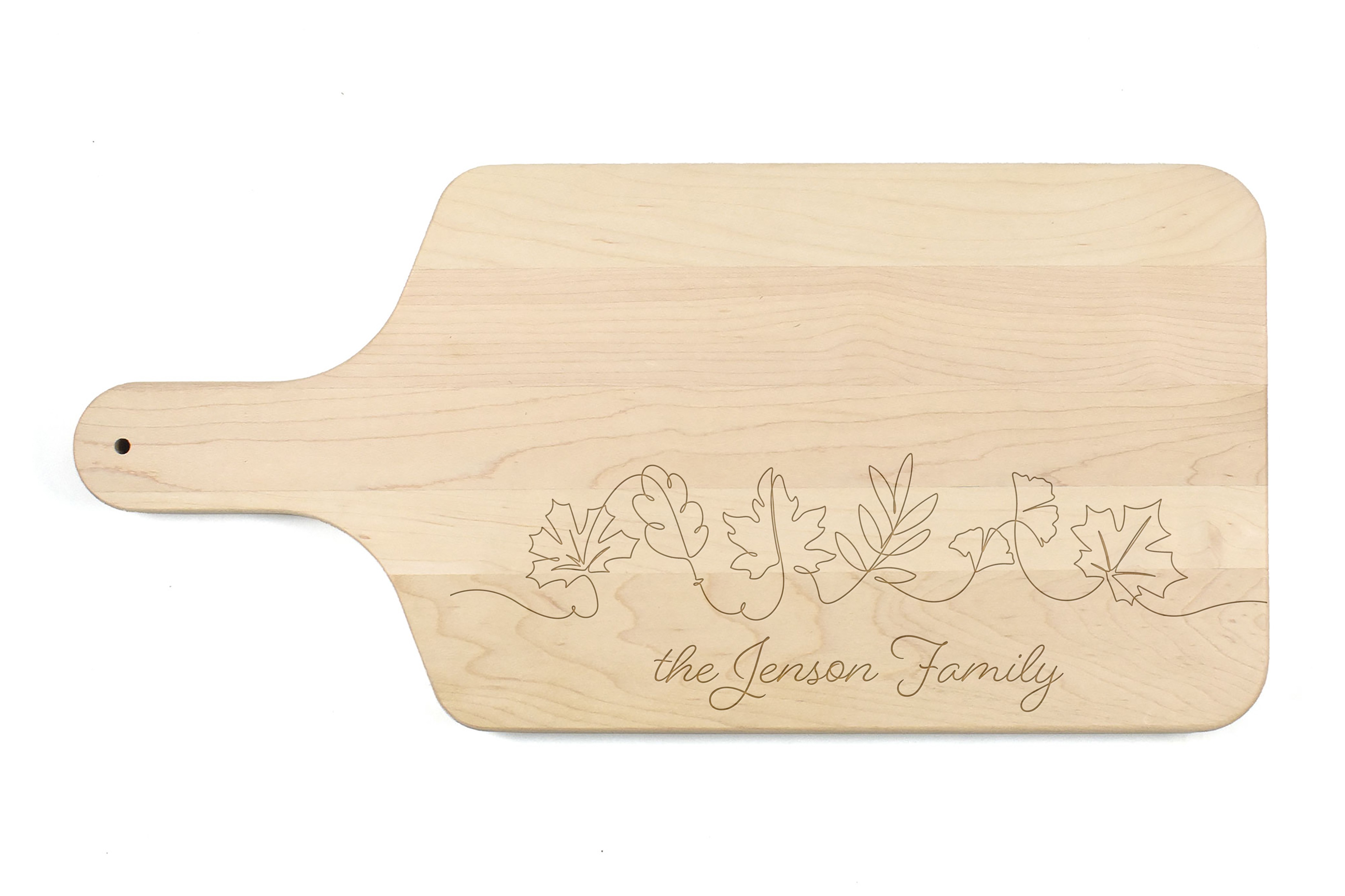 Simple Leaf Sketch Personalized 17 x 8 Maple Paddle Cutting Board