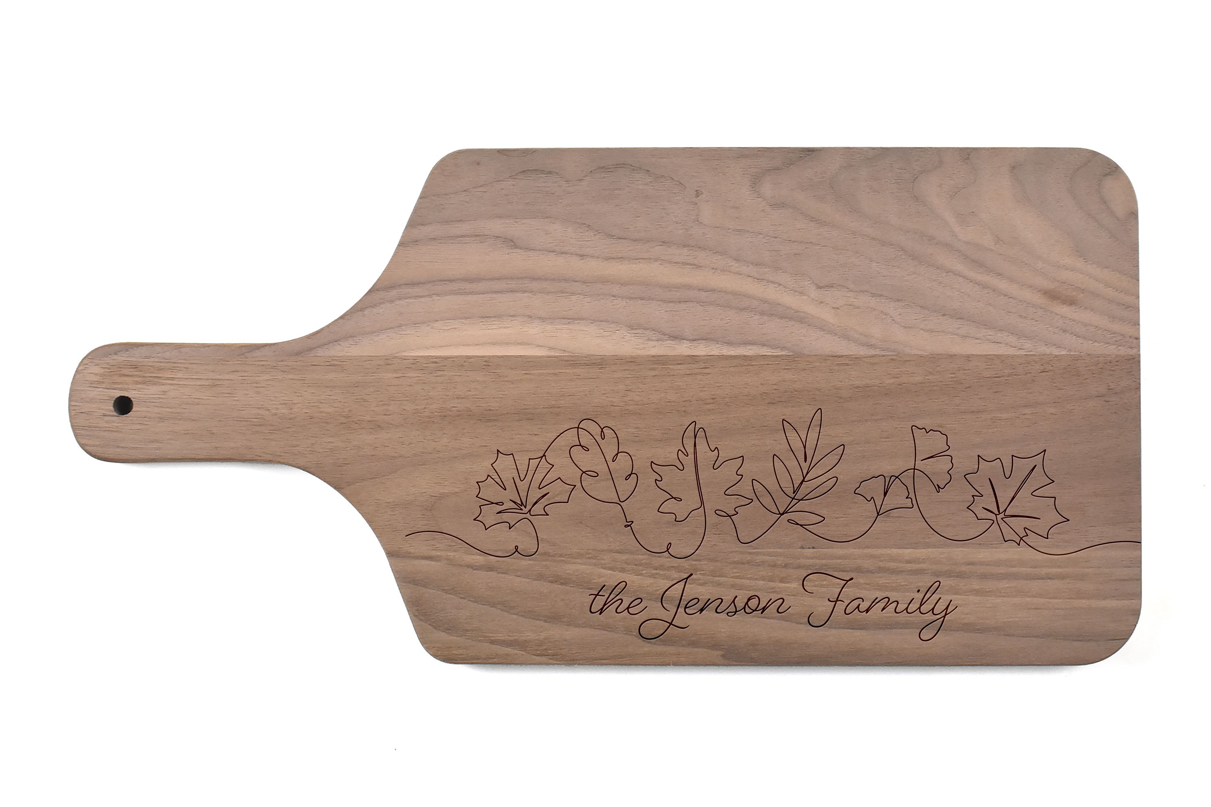 Simple Leaf Sketch Personalized 17 x 8 Walnut Paddle Cutting Board