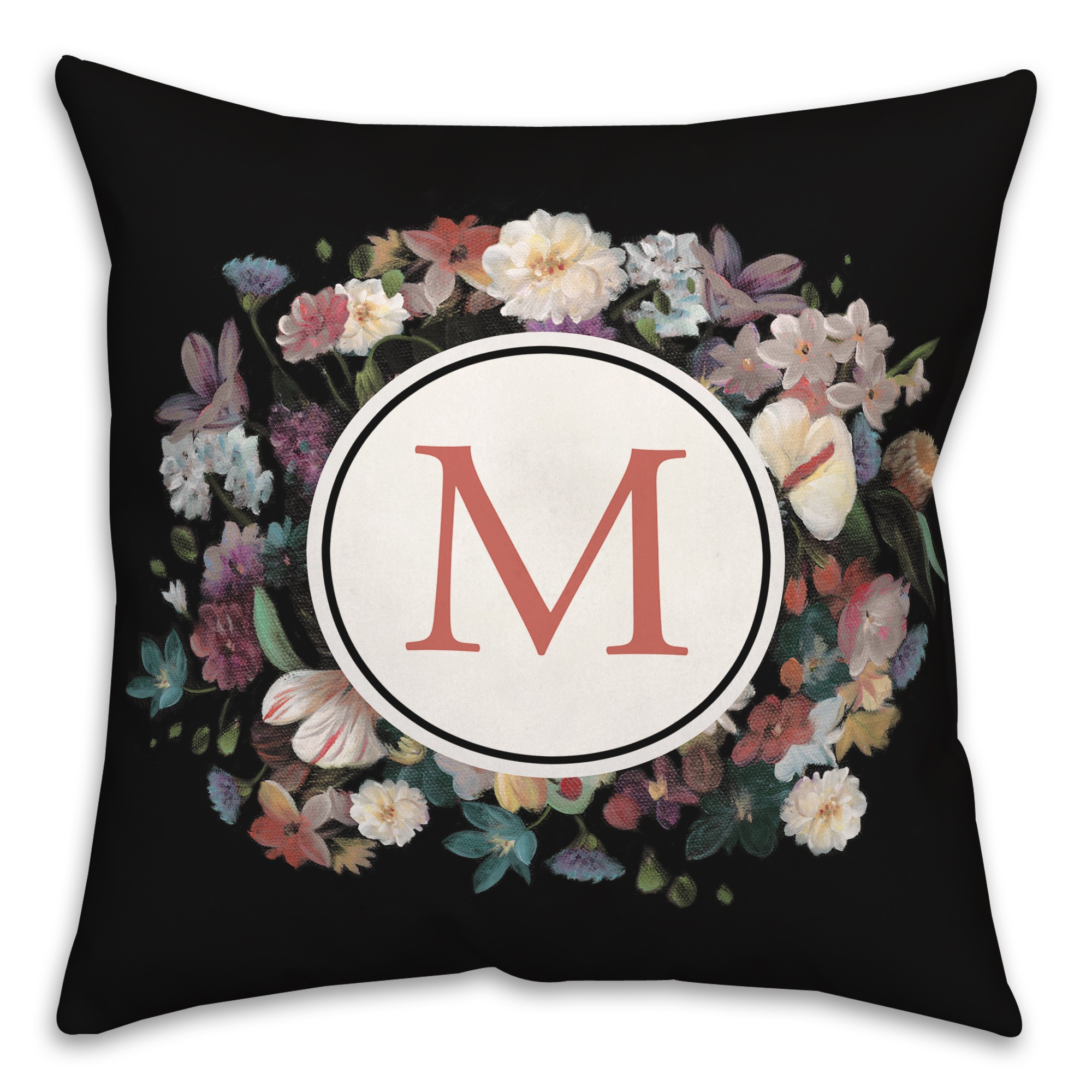Dramatic Moody Florals Monogram Personalized 18 x 18 Indoor / Outdoor Pillow