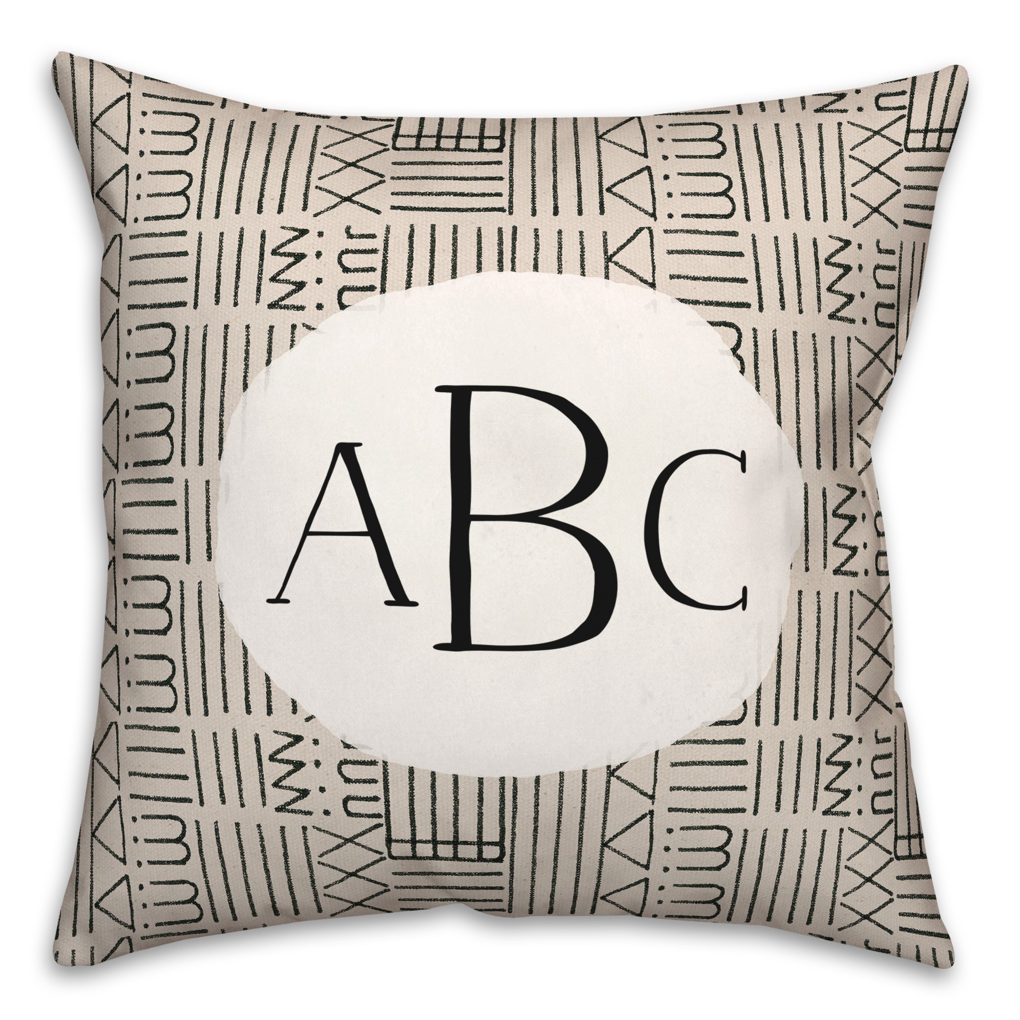 Cream and Black Tribal Pattern Monogram Personalized 18 x 18 Indoor / Outdoor Pillow