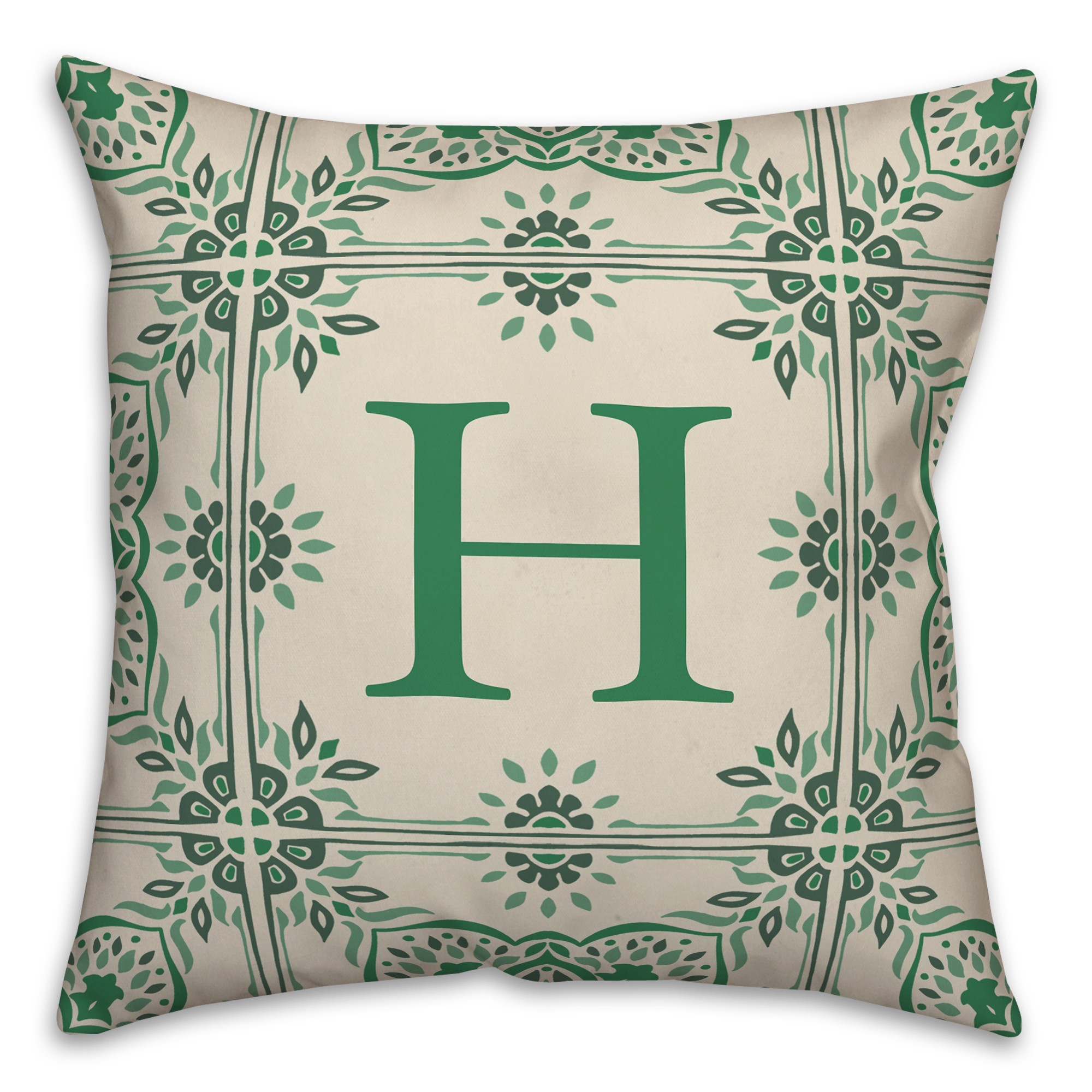Folk Green Flower Pattern Monogram Personalized 18 x 18 Indoor / Outdoor Pillow
