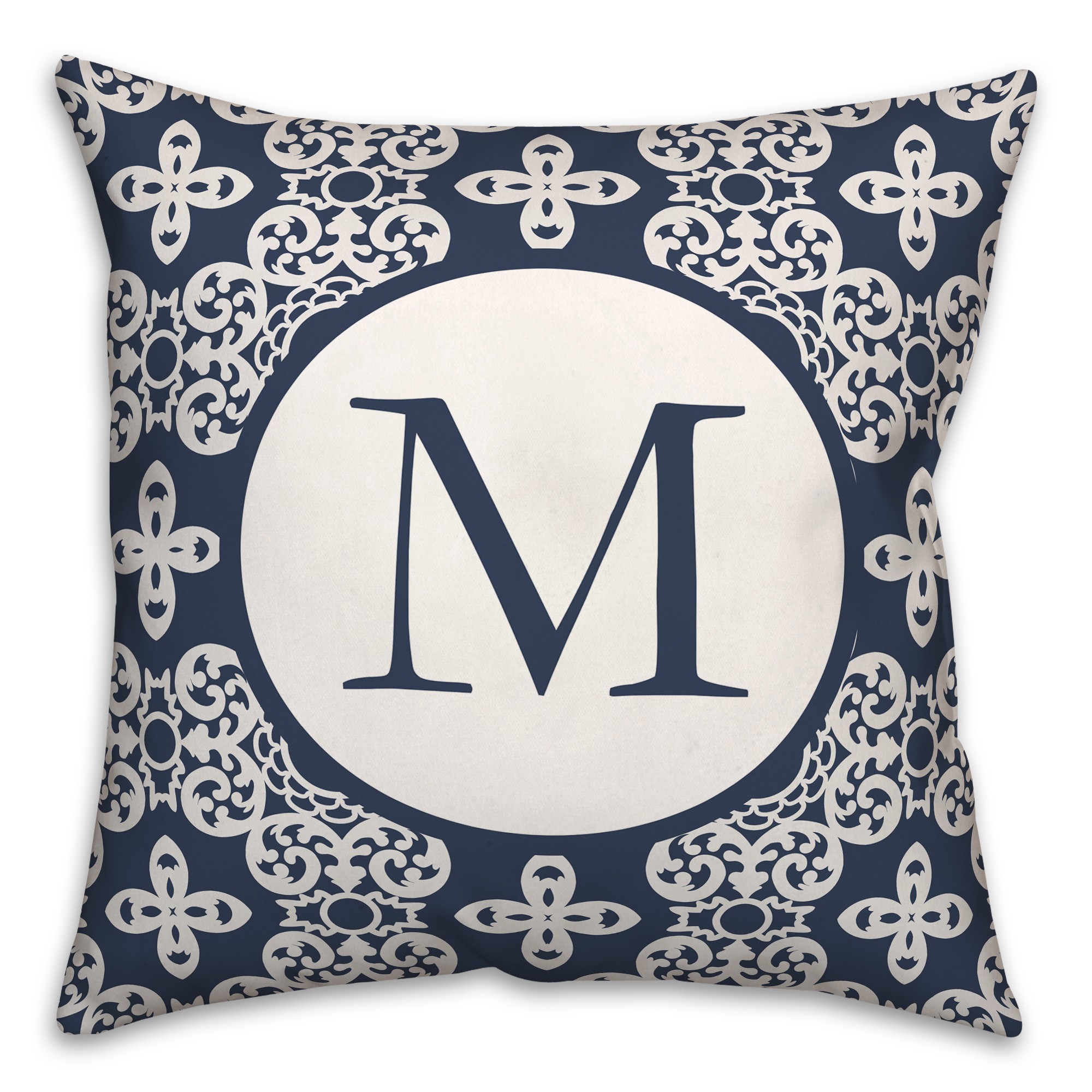 Navy Geo Floral Pattern Monogram Personalized 18 x 18 Indoor / Outdoor Pillow