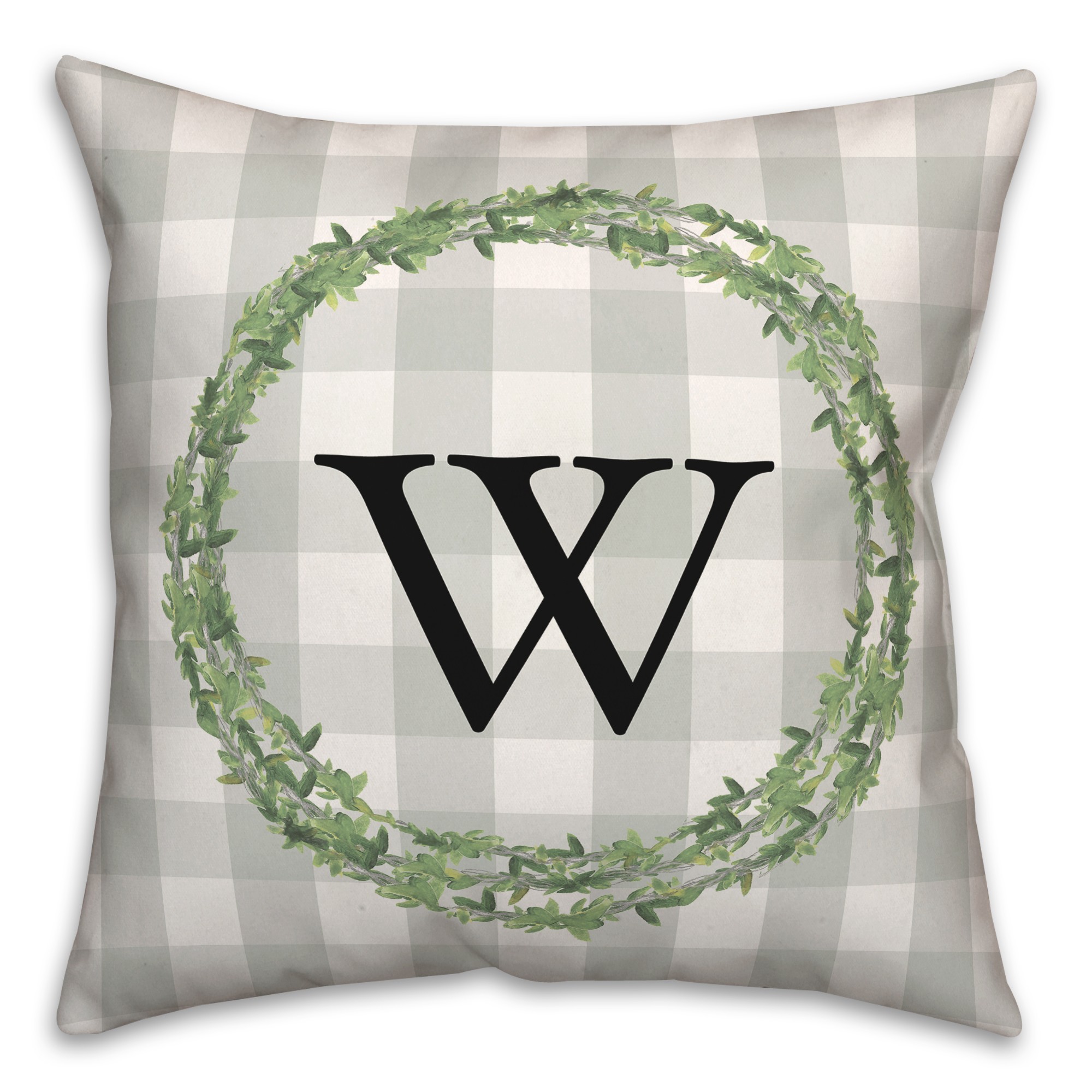 Monogram Greenery Wreath on Check Personalized 18 x 18 Indoor / Outdoor Pillow
