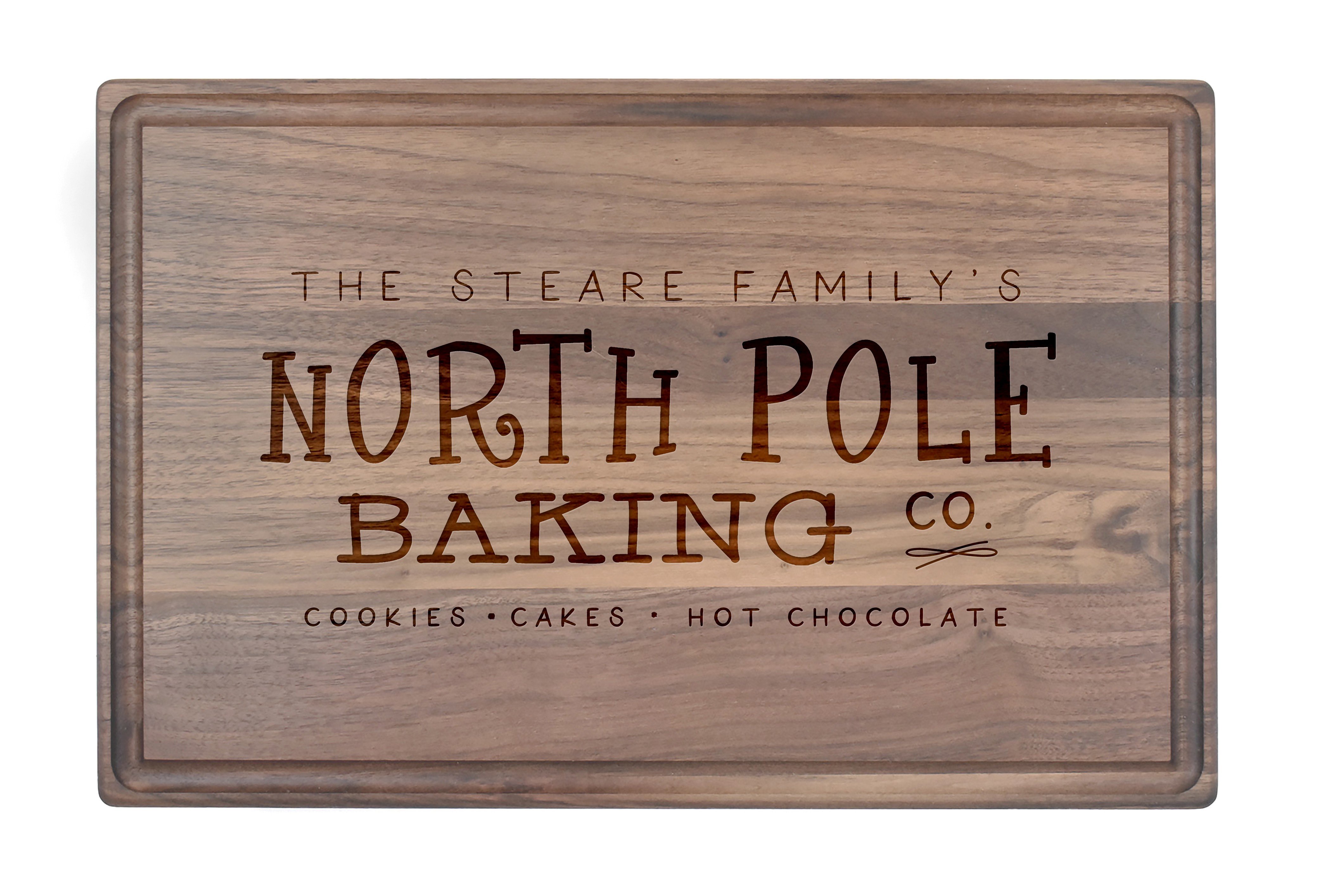 North Pole Baking Co Personalized 17 x 11 Walnut Cutting Board